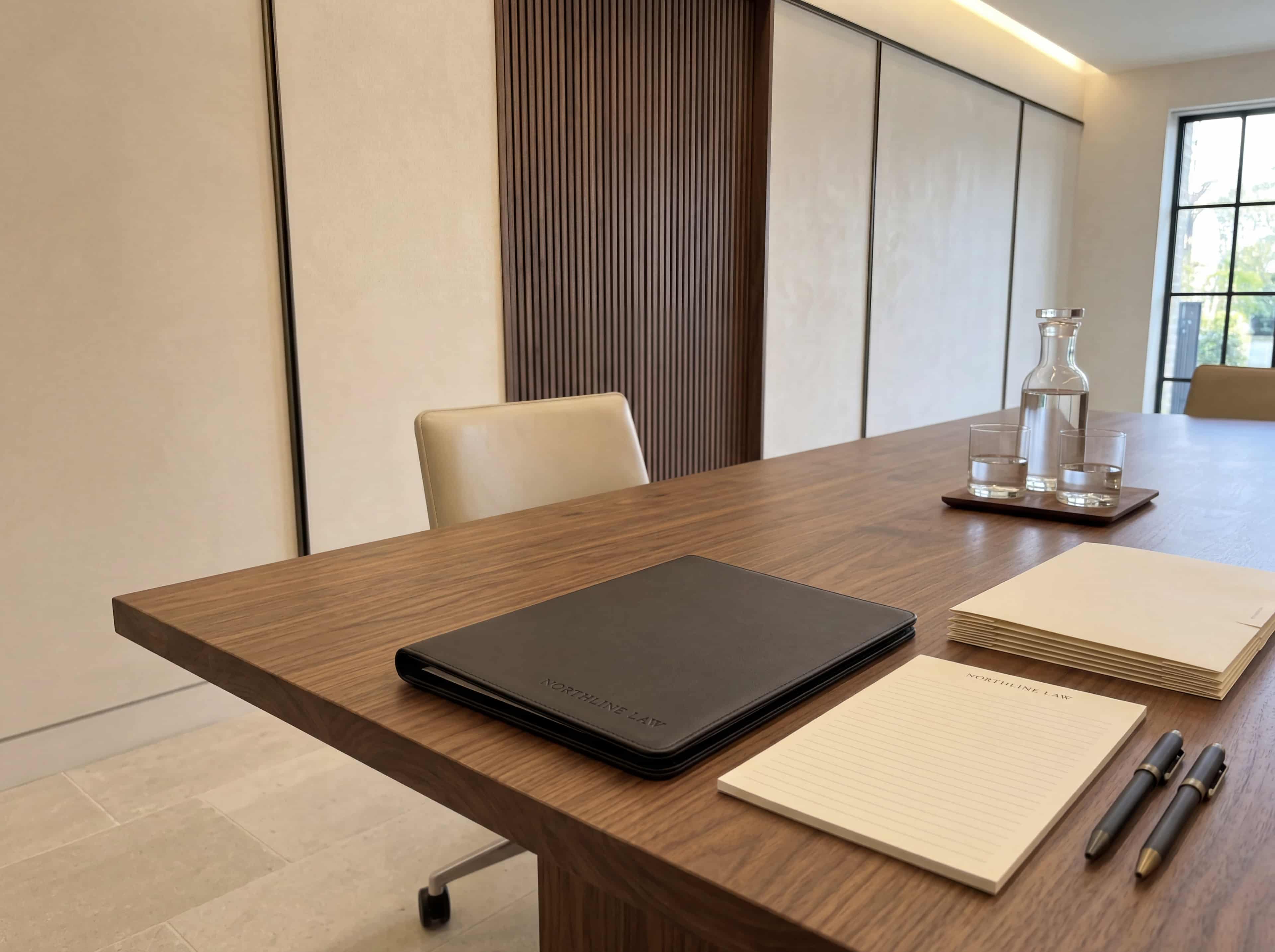 Consultation table set with Northline Law branded meeting materials on a walnut surface