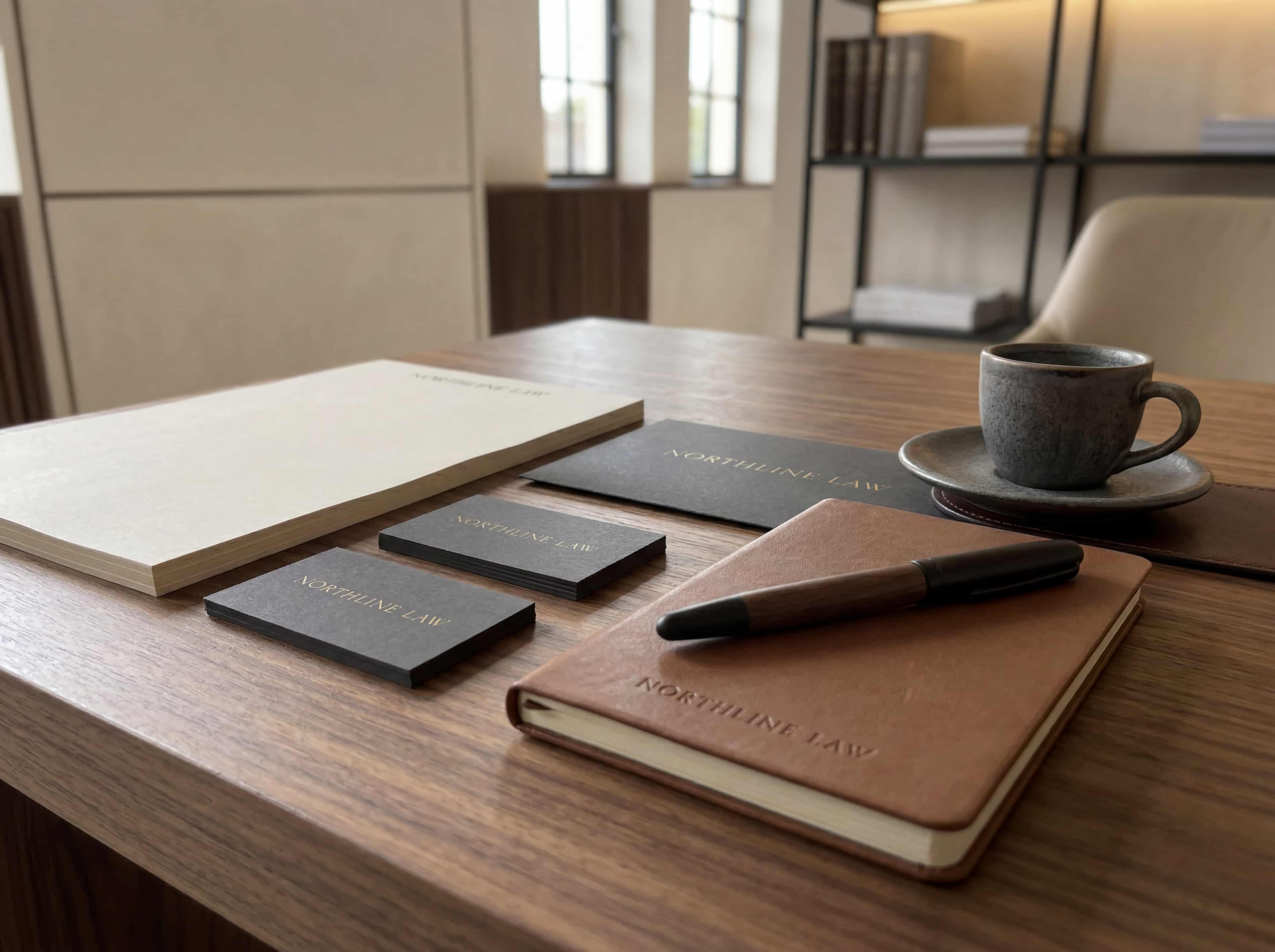 Desk detail with Northline Law branded stationery, folder, and office materials