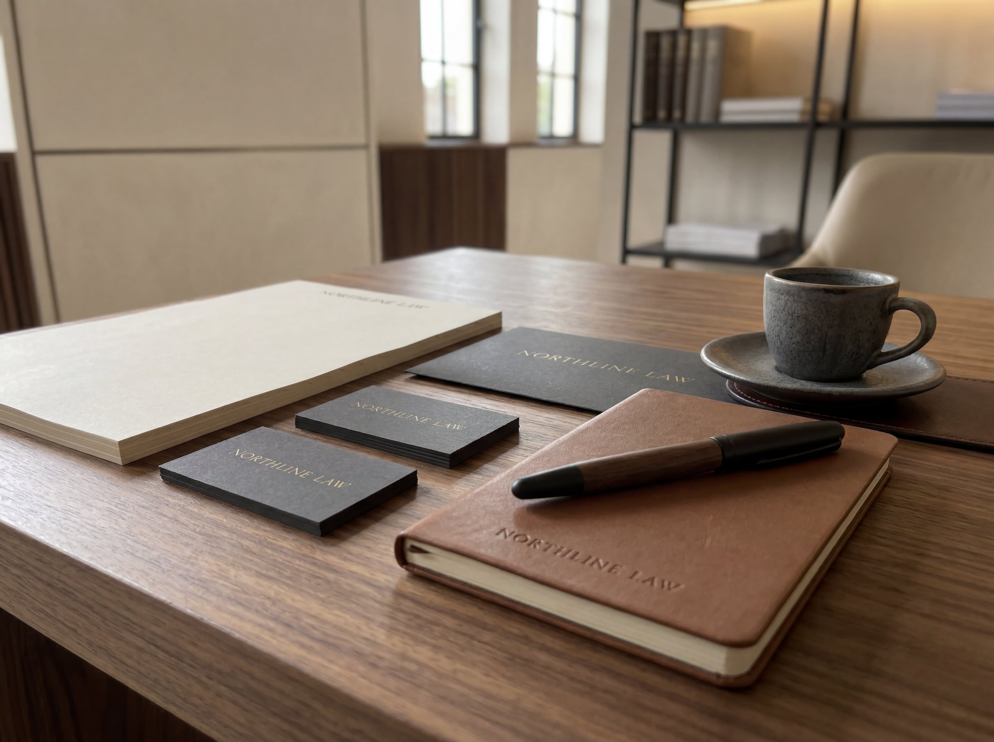 Desk detail with Northline Law branded stationery, folder, and office materials