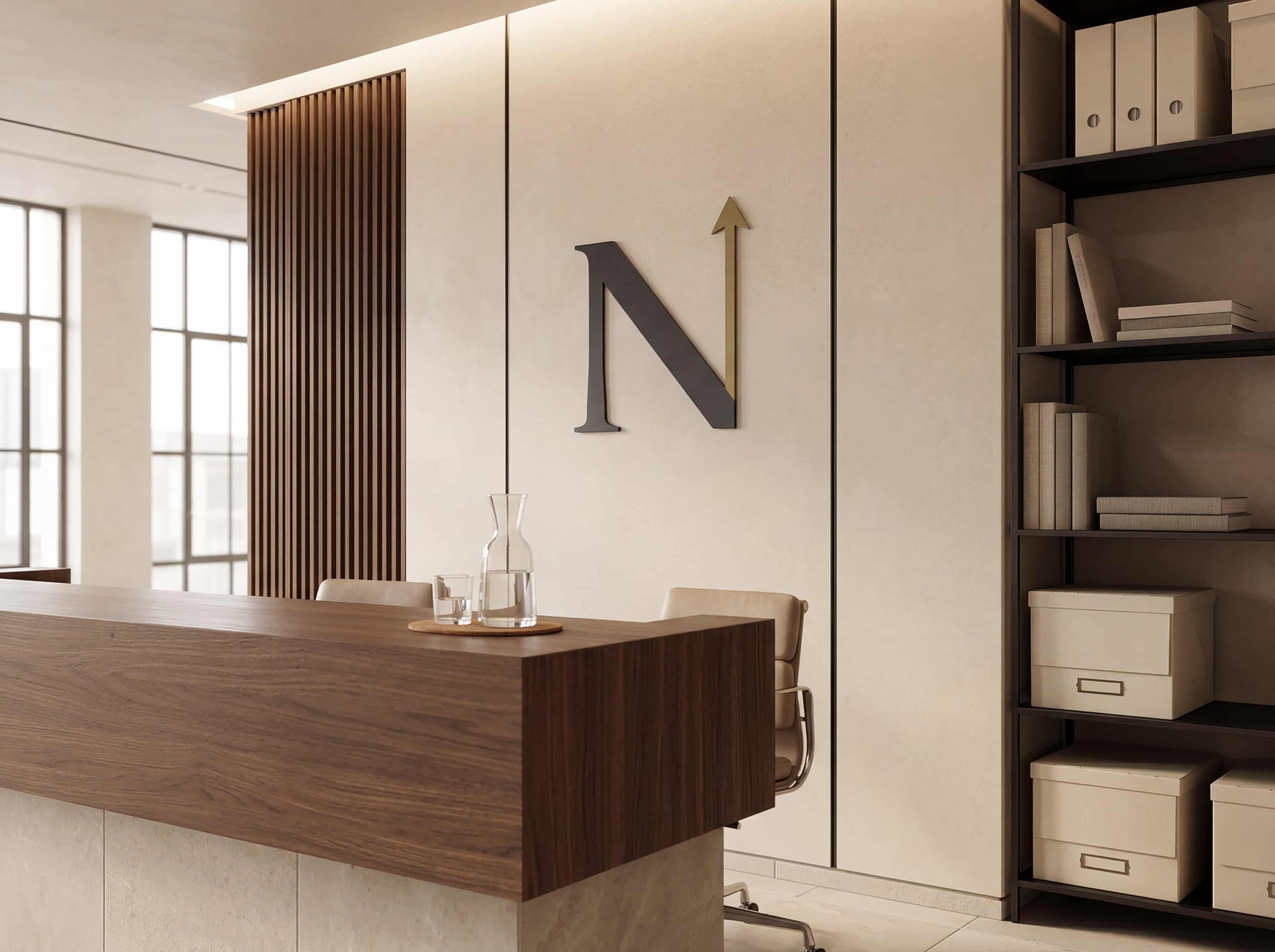 Northline Law reception with subtle logo placement on the wall behind the desk