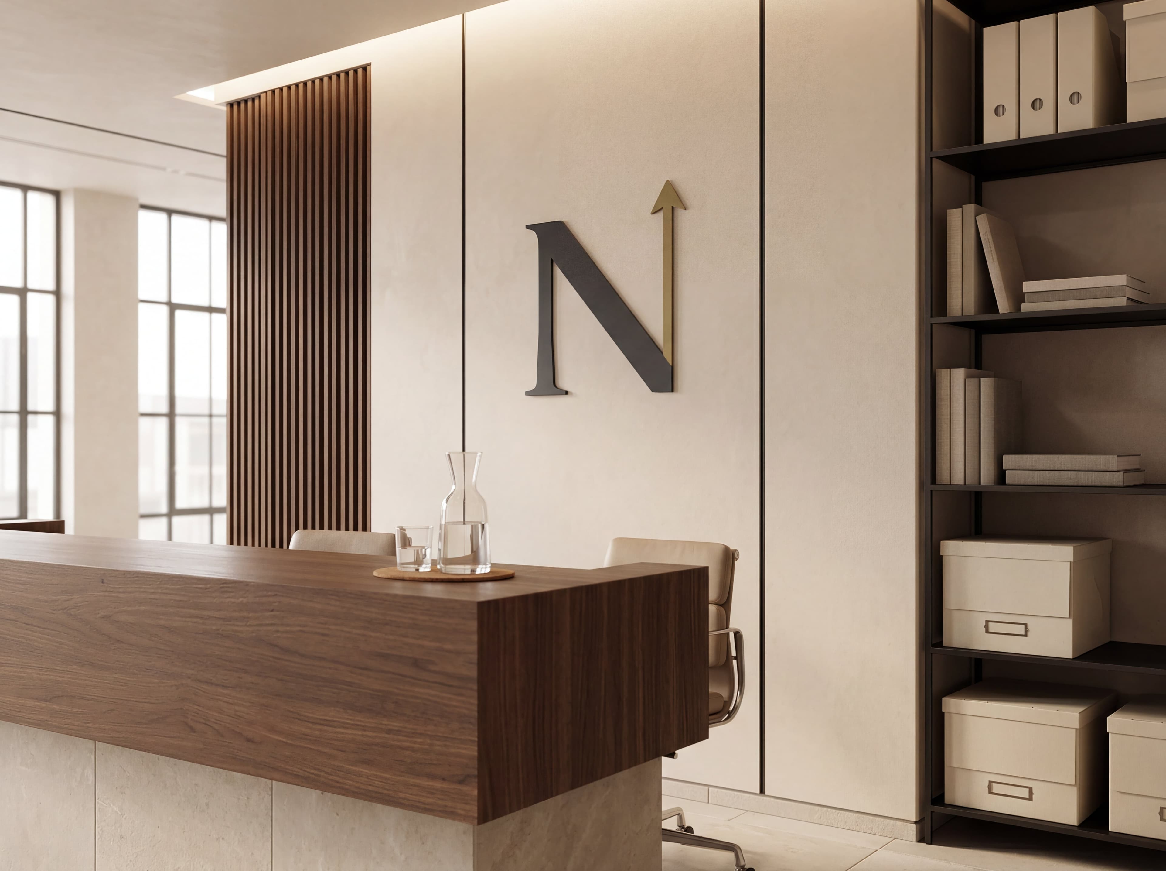 Northline Law reception with subtle logo placement on the wall behind the desk