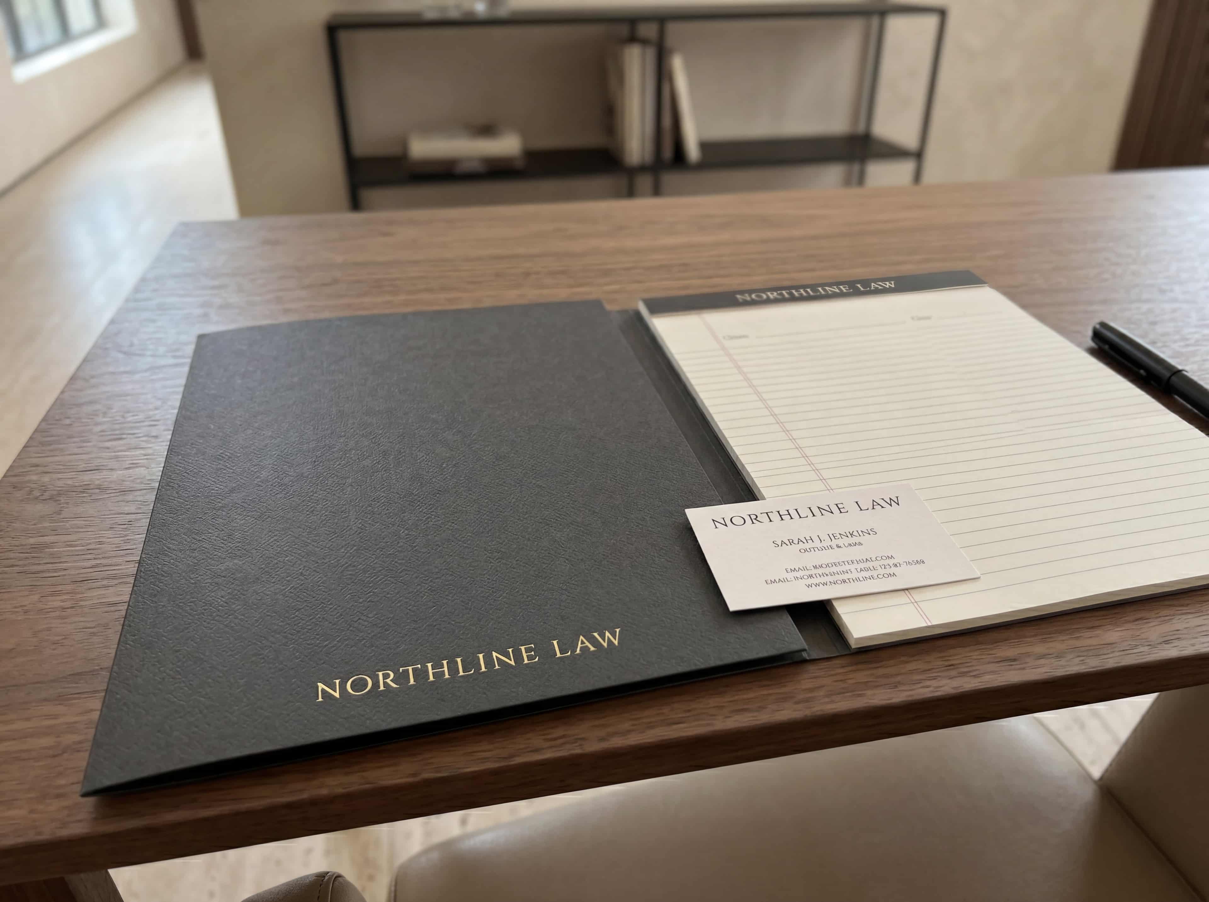 Northline Law welcome onboarding packet and office materials arranged on a walnut table