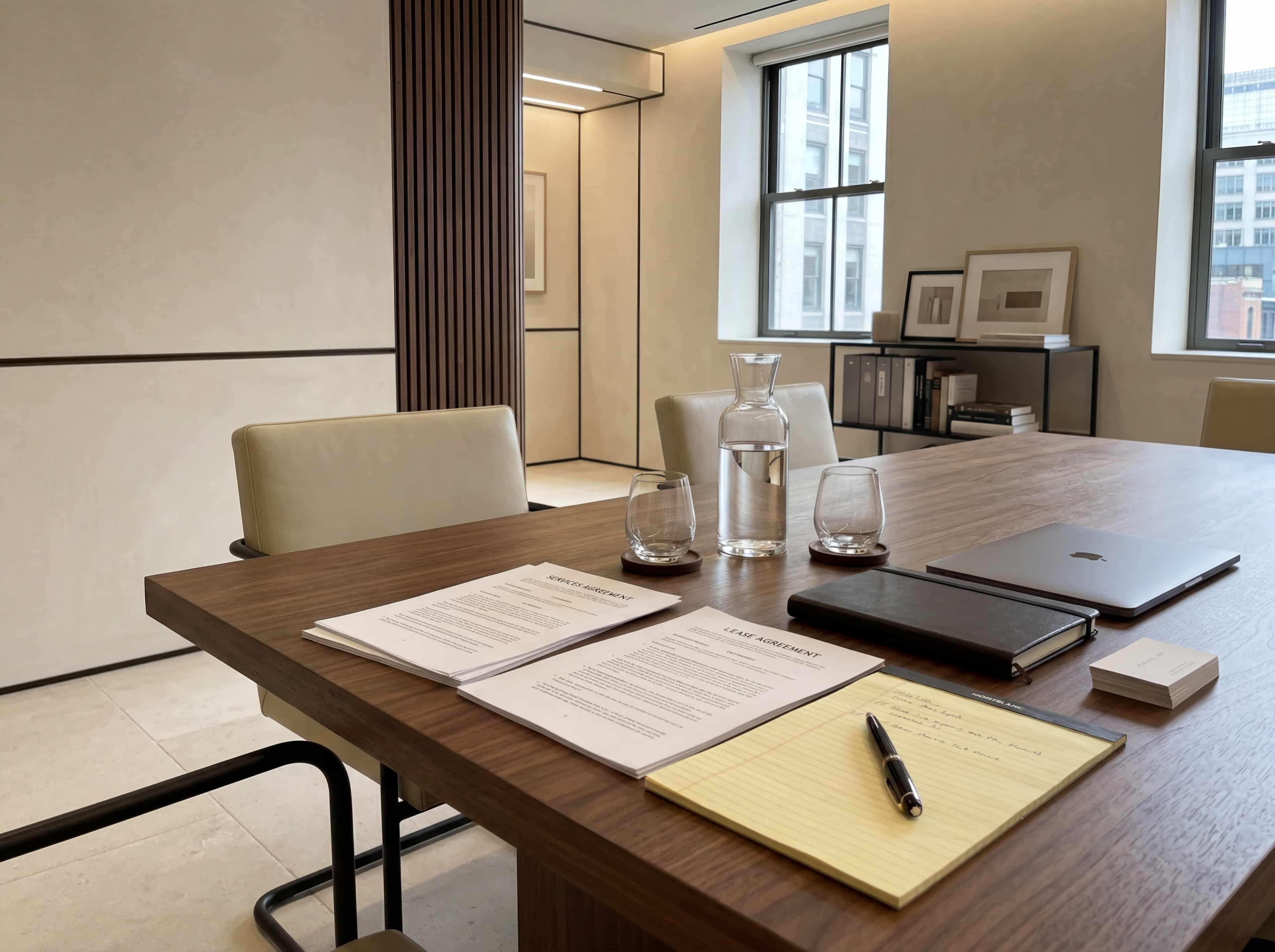 Boardroom table detail with printed agreements, a legal pad, pens, and a closed laptop before a meeting