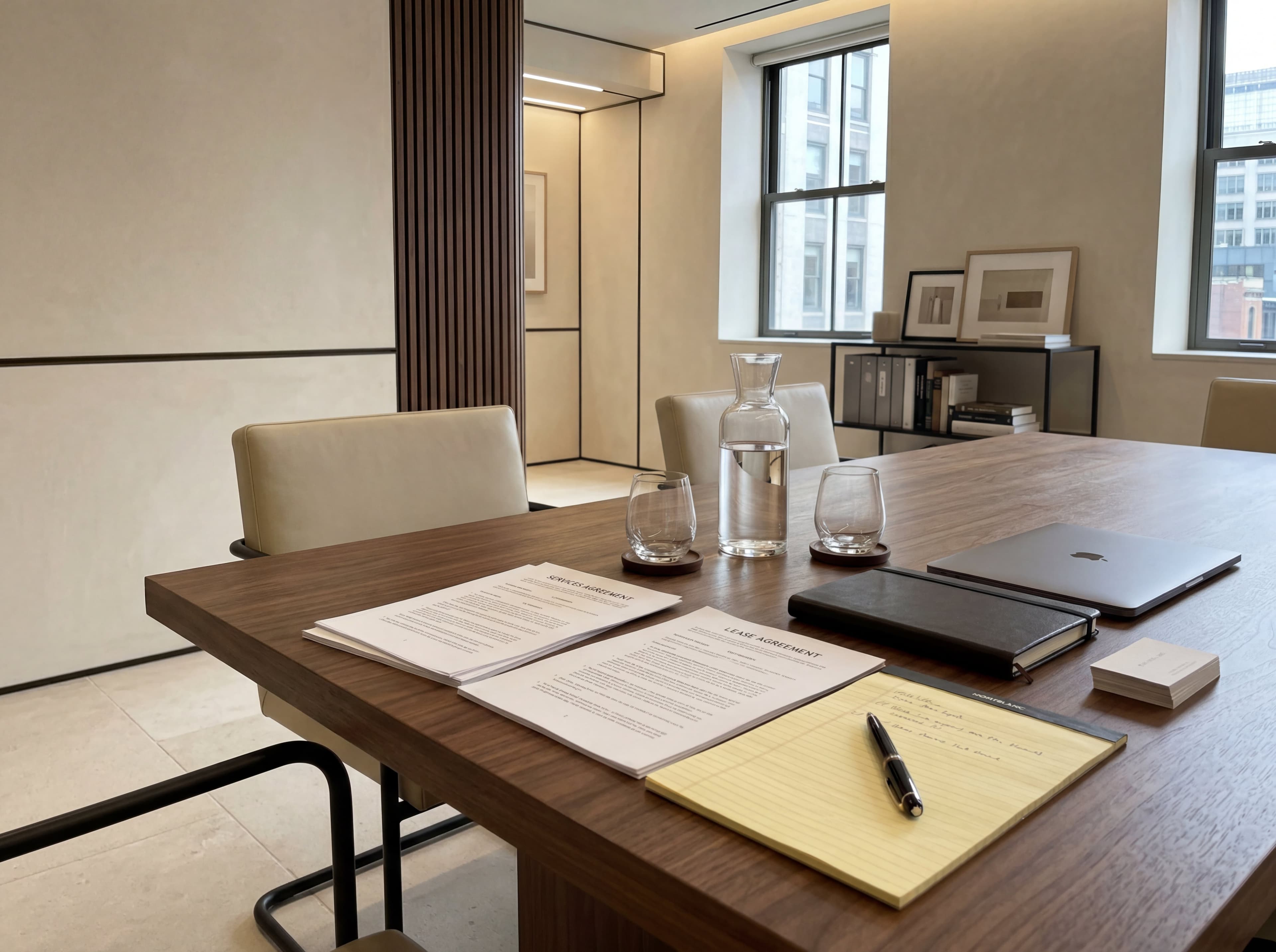 Boardroom table detail with printed agreements, a legal pad, pens, and a closed laptop before a meeting