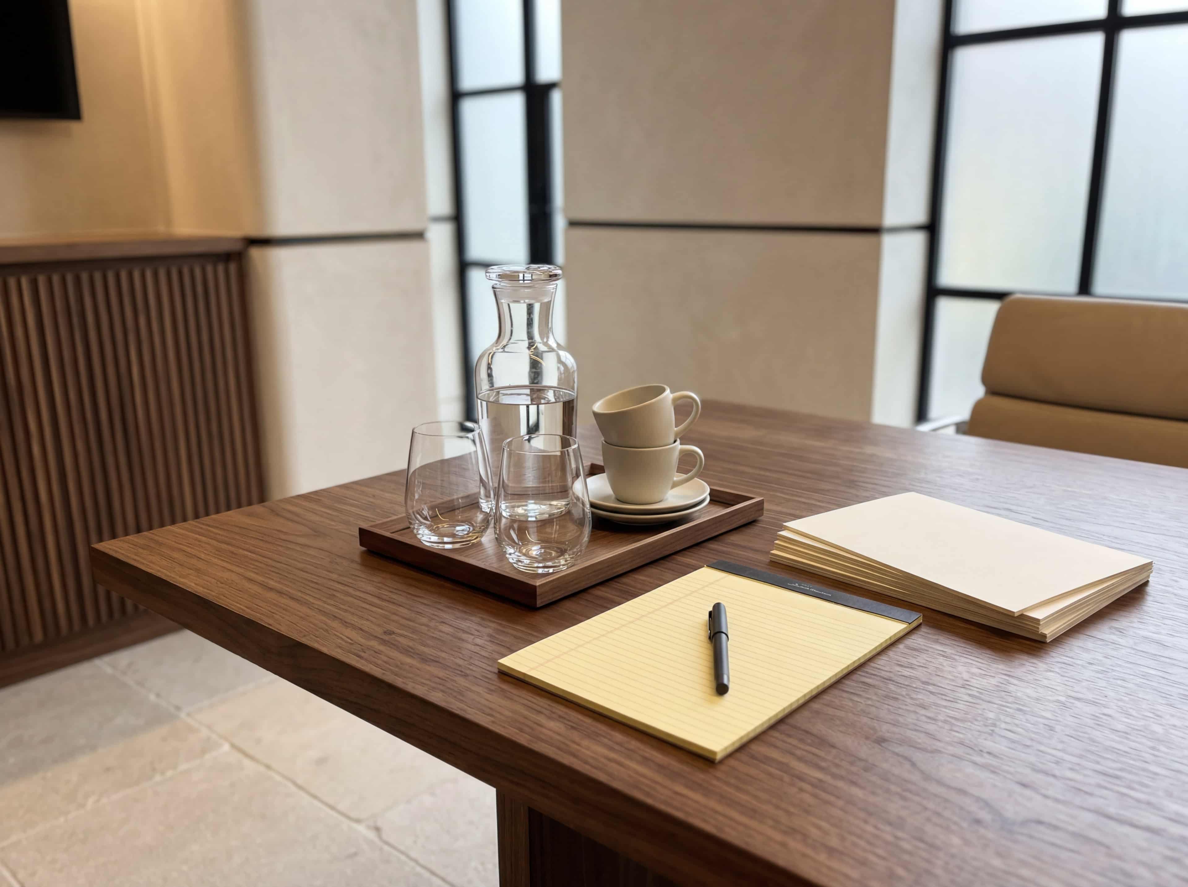 Consultation table hospitality setup: water glasses, a glass carafe, clean cups, a tray, and a legal pad
