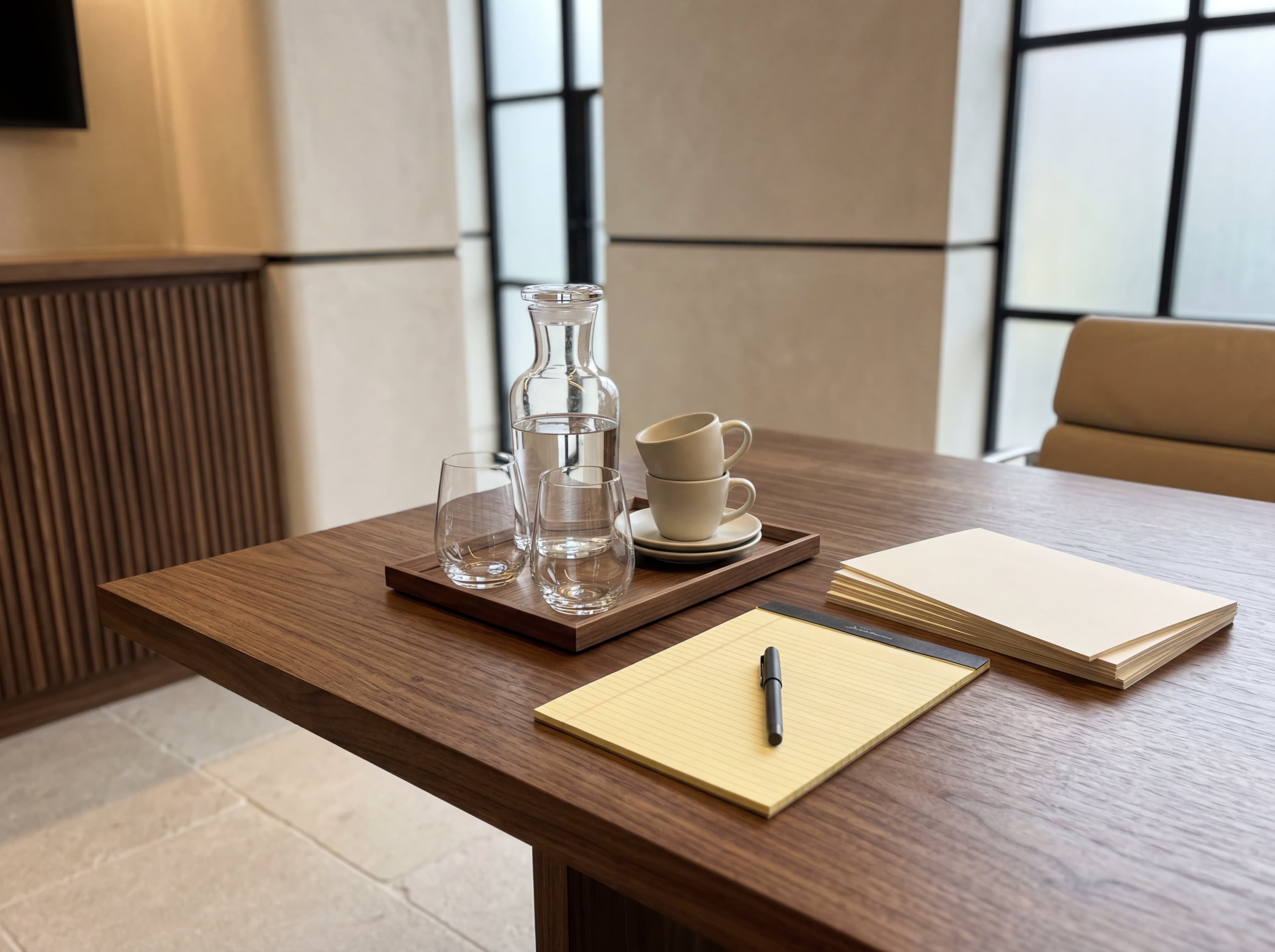 Consultation table hospitality setup: water glasses, a glass carafe, clean cups, a tray, and a legal pad