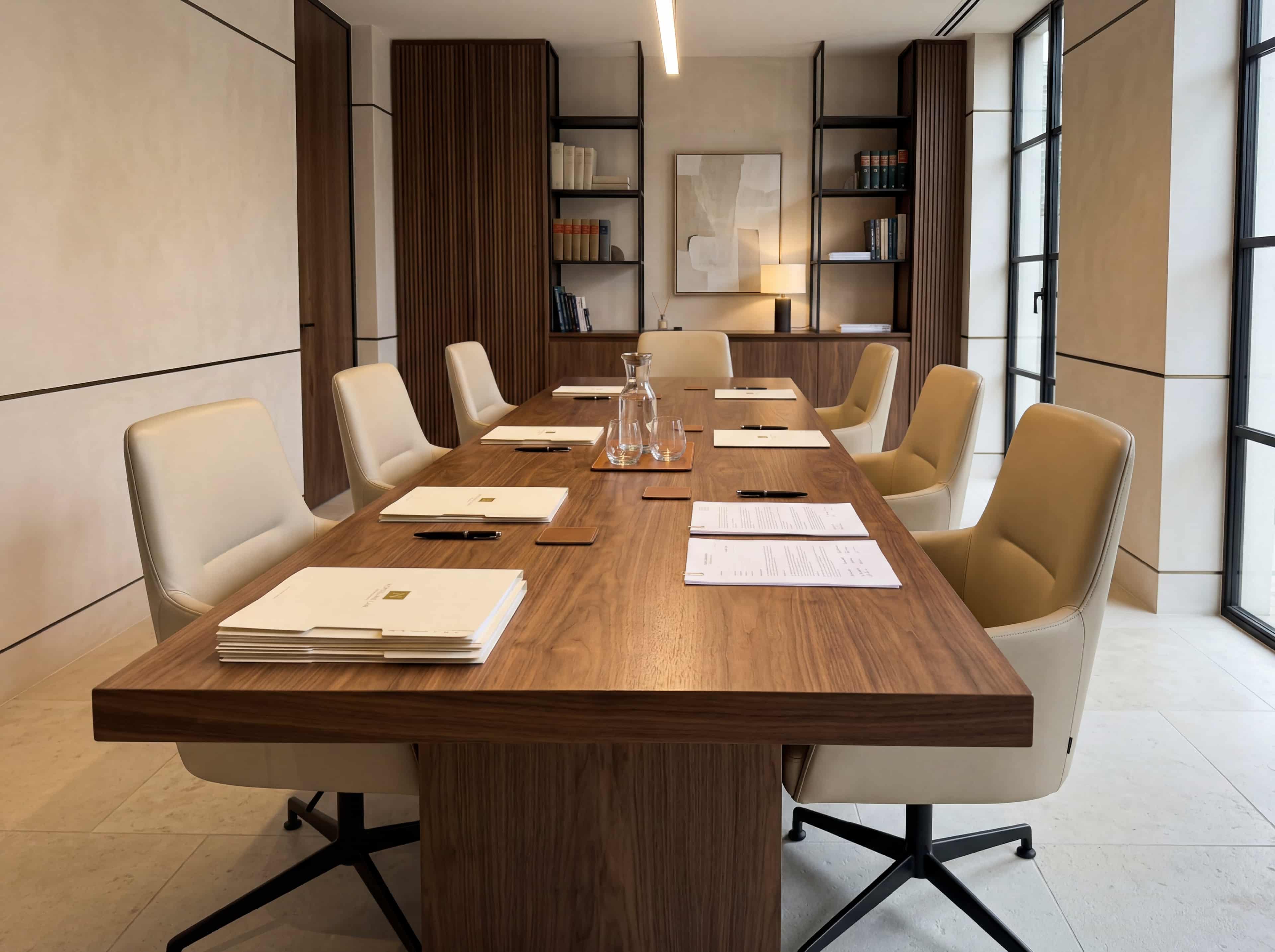 Conference room with a long walnut table, parchment-beige chairs, and muted neutral artwork