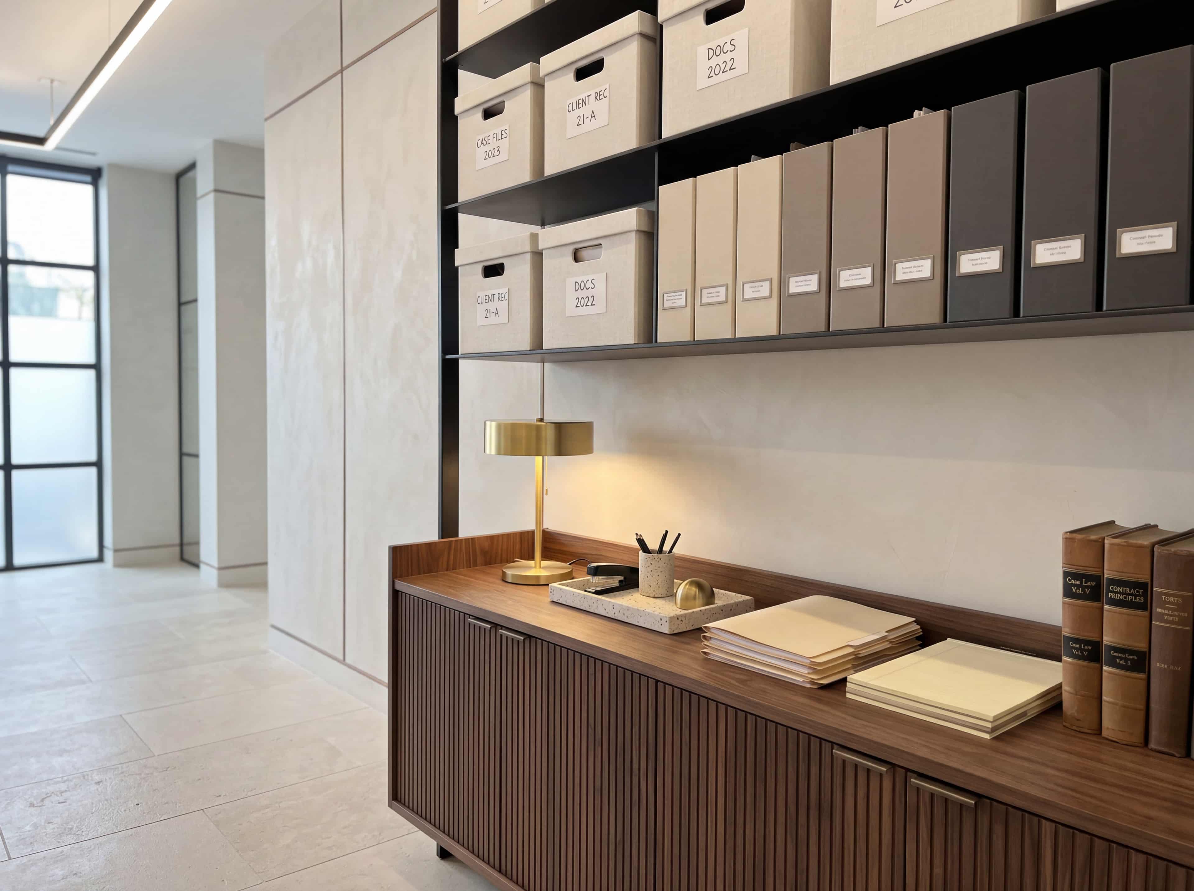 Walnut credenza and blackened steel shelving with cream archive boxes and legal books