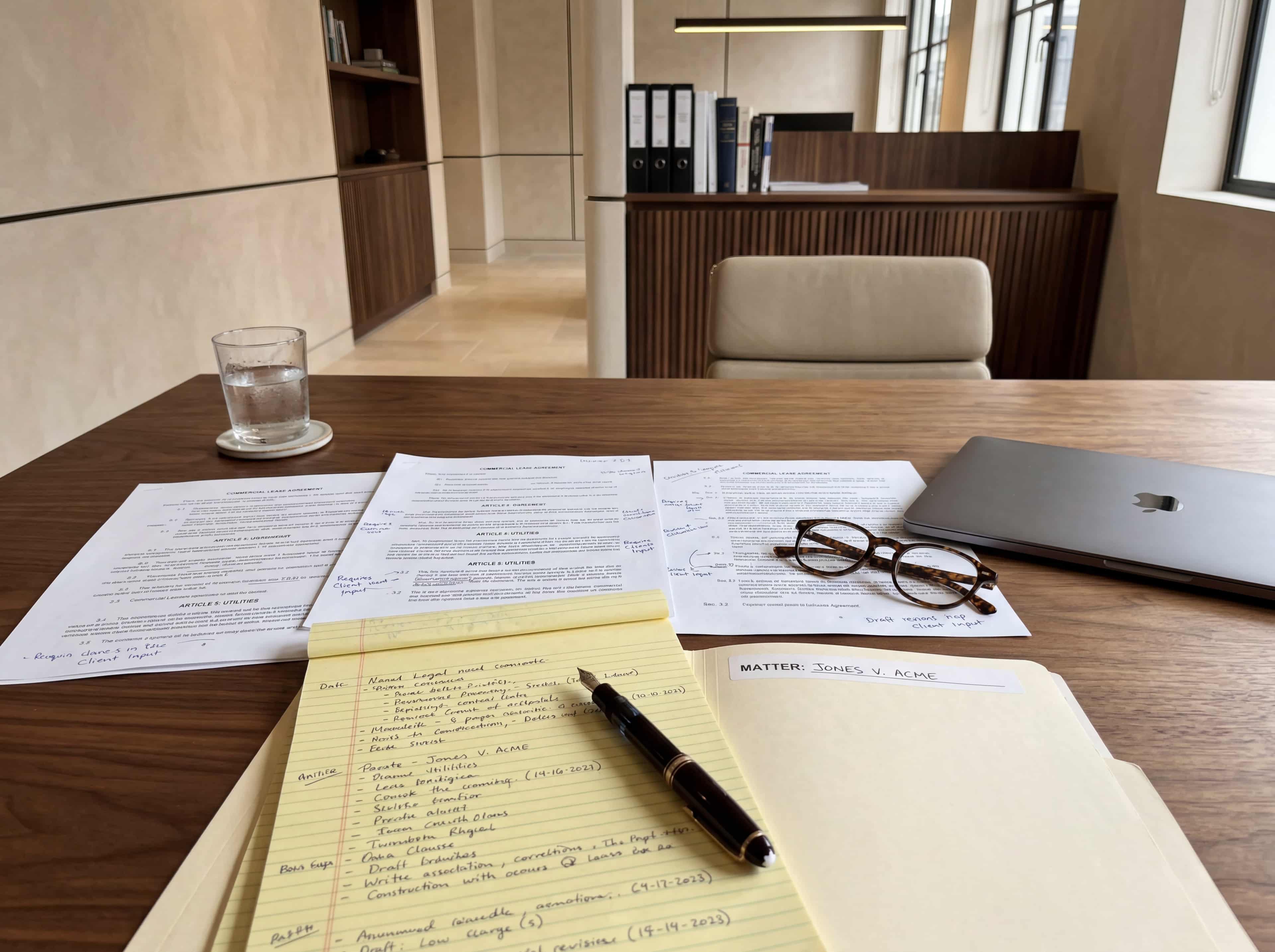 Walnut desk detail with a marked-up contract, legal pad, fountain pen, reading glasses, and a water glass