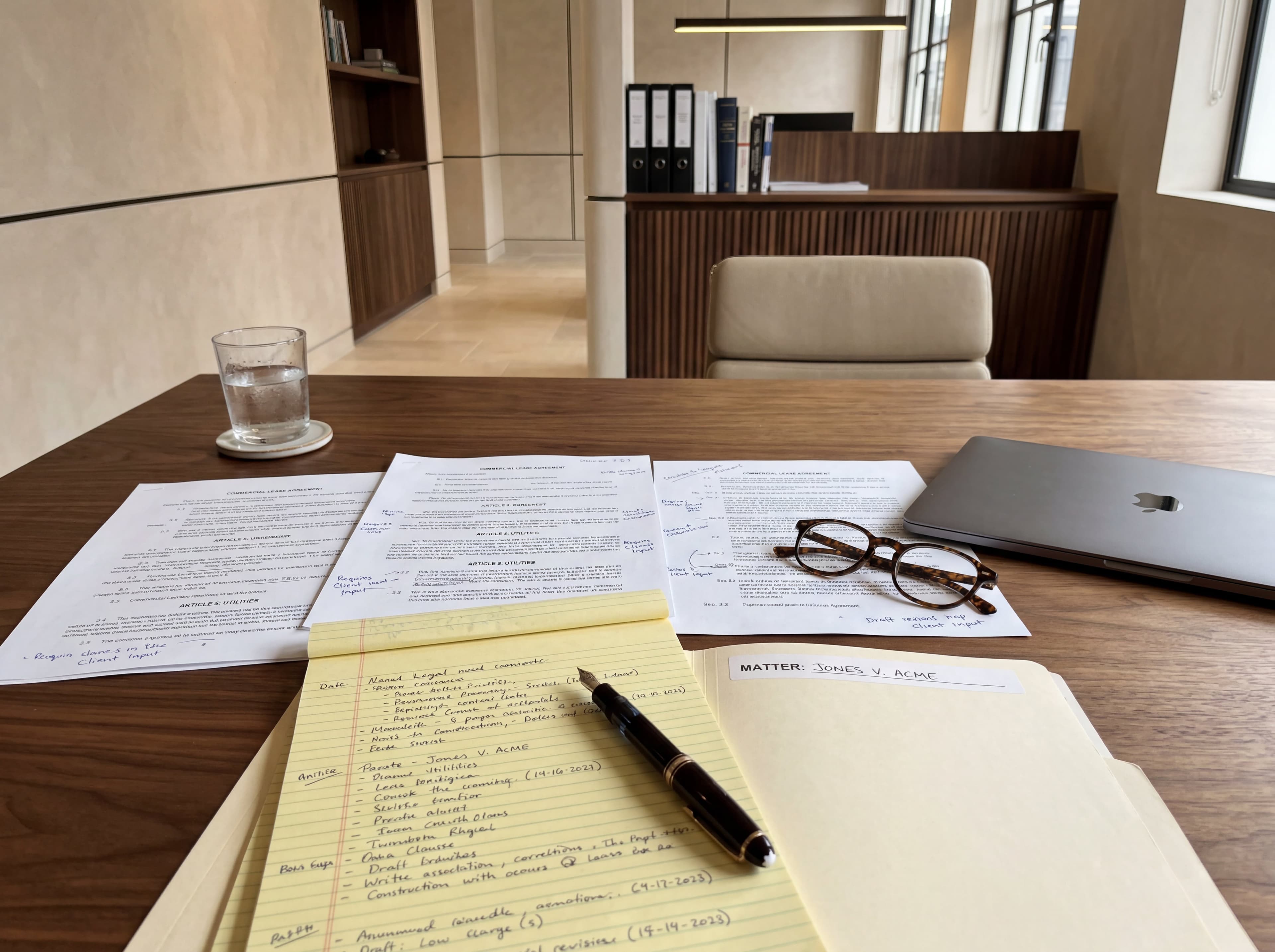 Walnut desk detail with a marked-up contract, legal pad, fountain pen, reading glasses, and a water glass