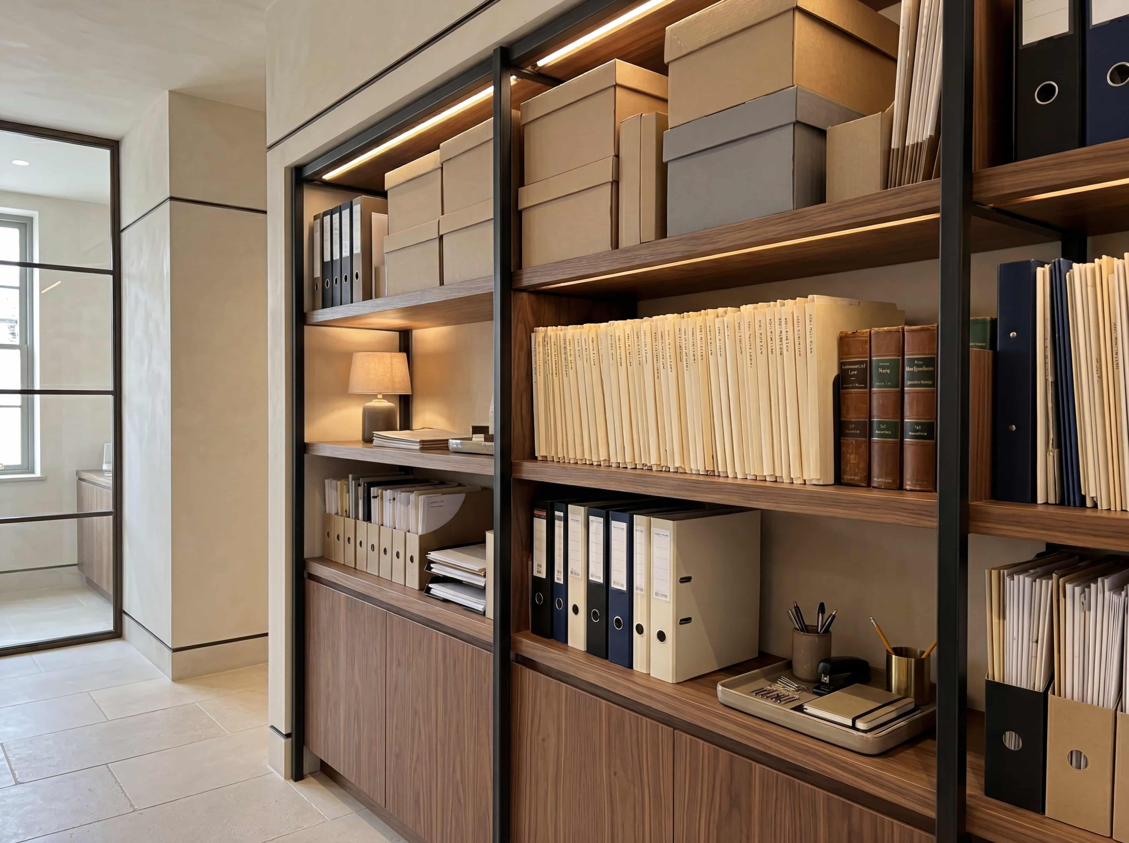 Document storage shelf with blackened steel shelving, cream folders, archive boxes, and legal books