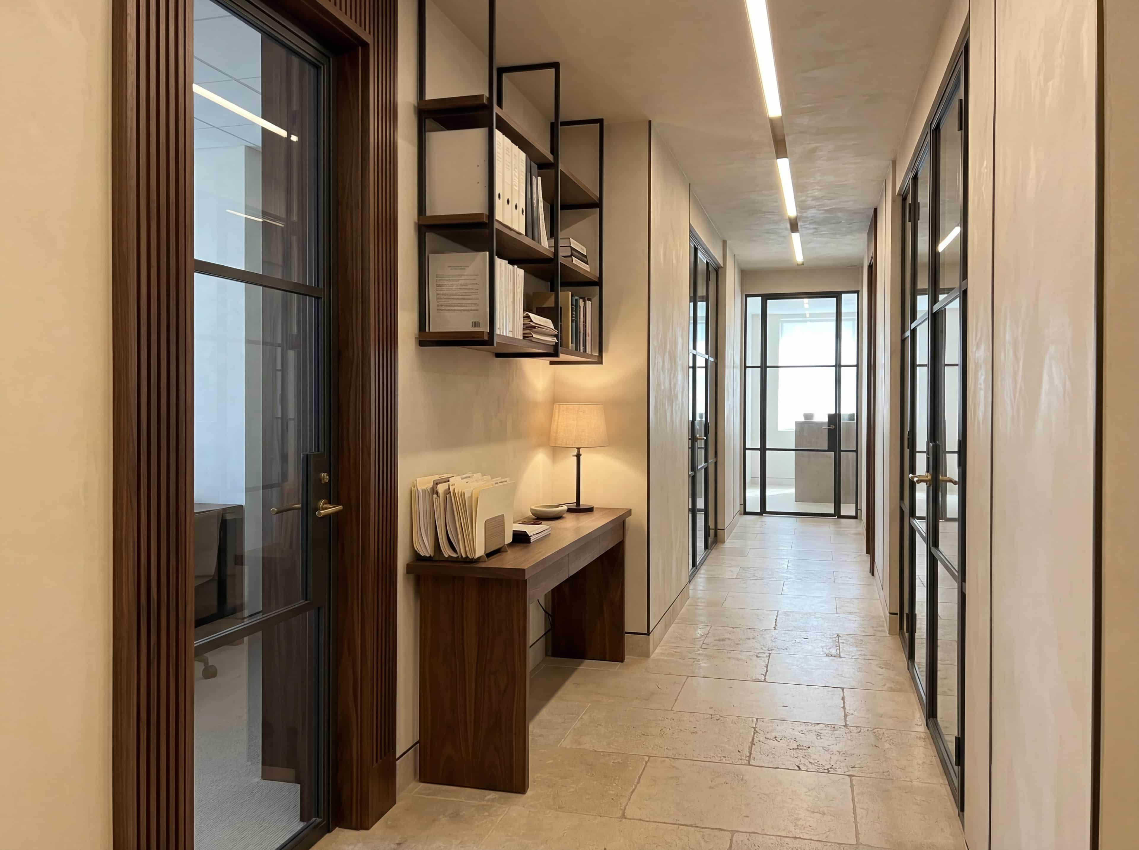 Office hallway with walnut millwork, limestone flooring, and a narrow console at the end of the corridor