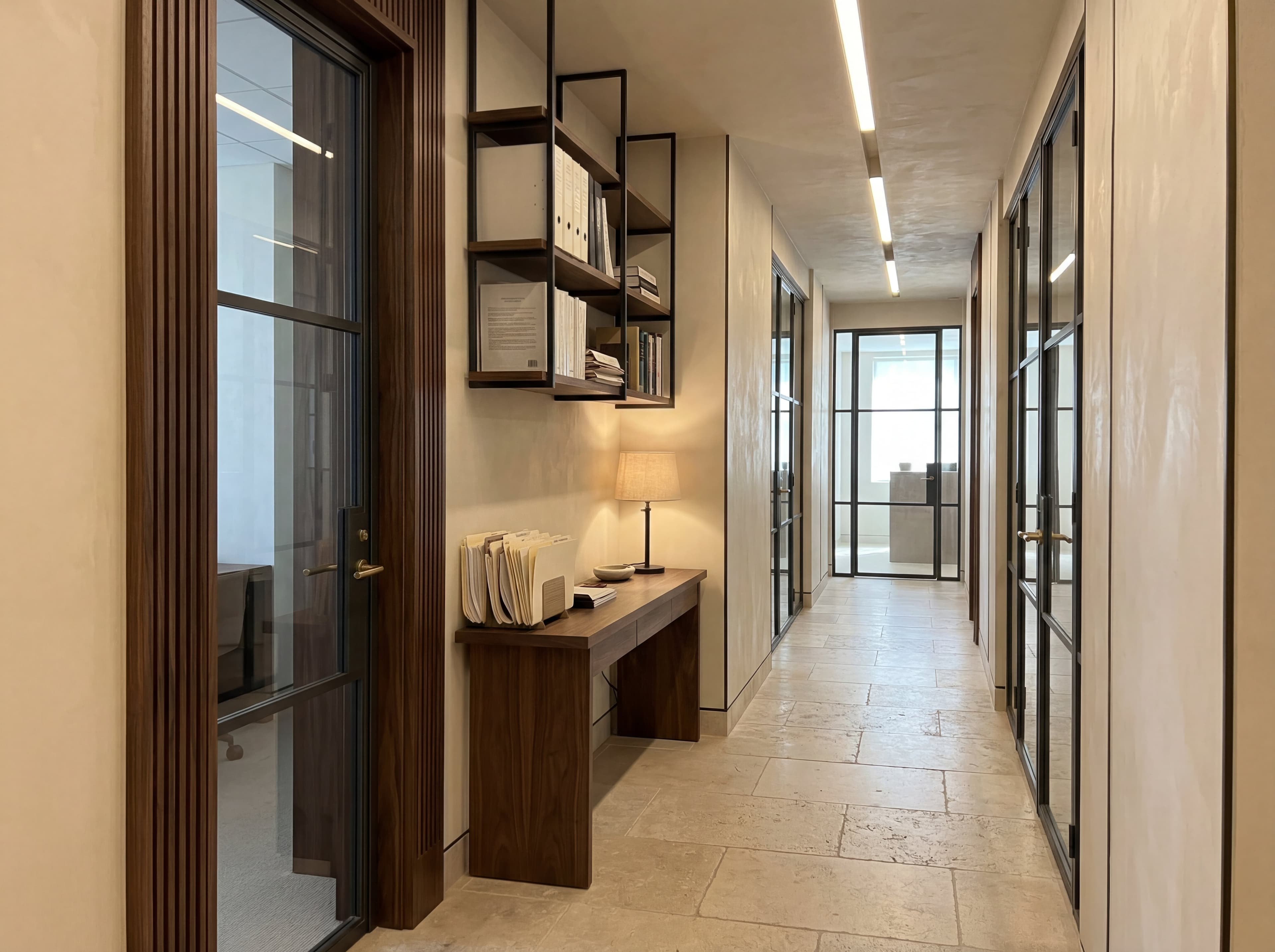 Office hallway with walnut millwork, limestone flooring, and a narrow console at the end of the corridor