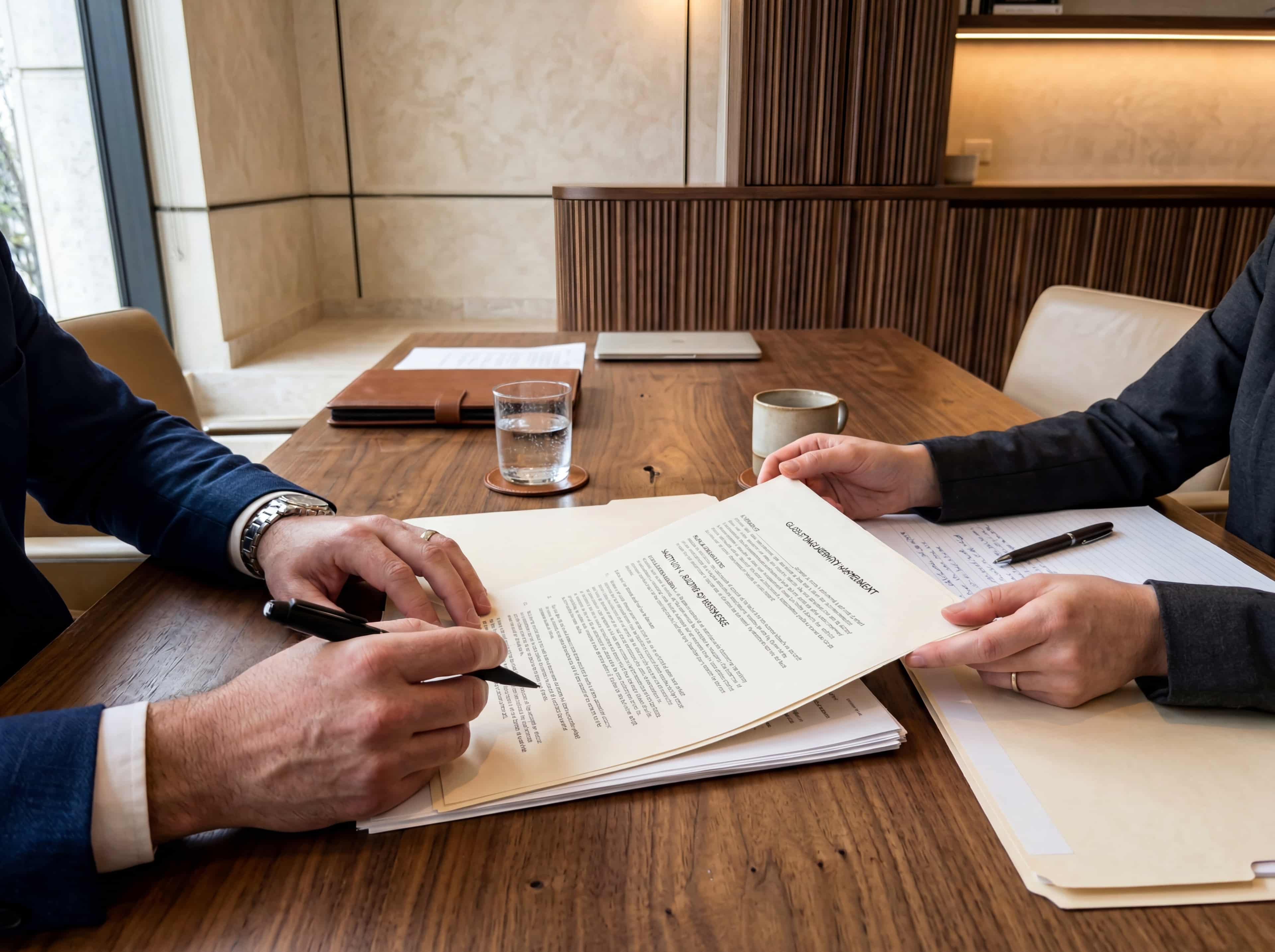 Hands reviewing a printed contract at a walnut meeting table with a pen and legal pad