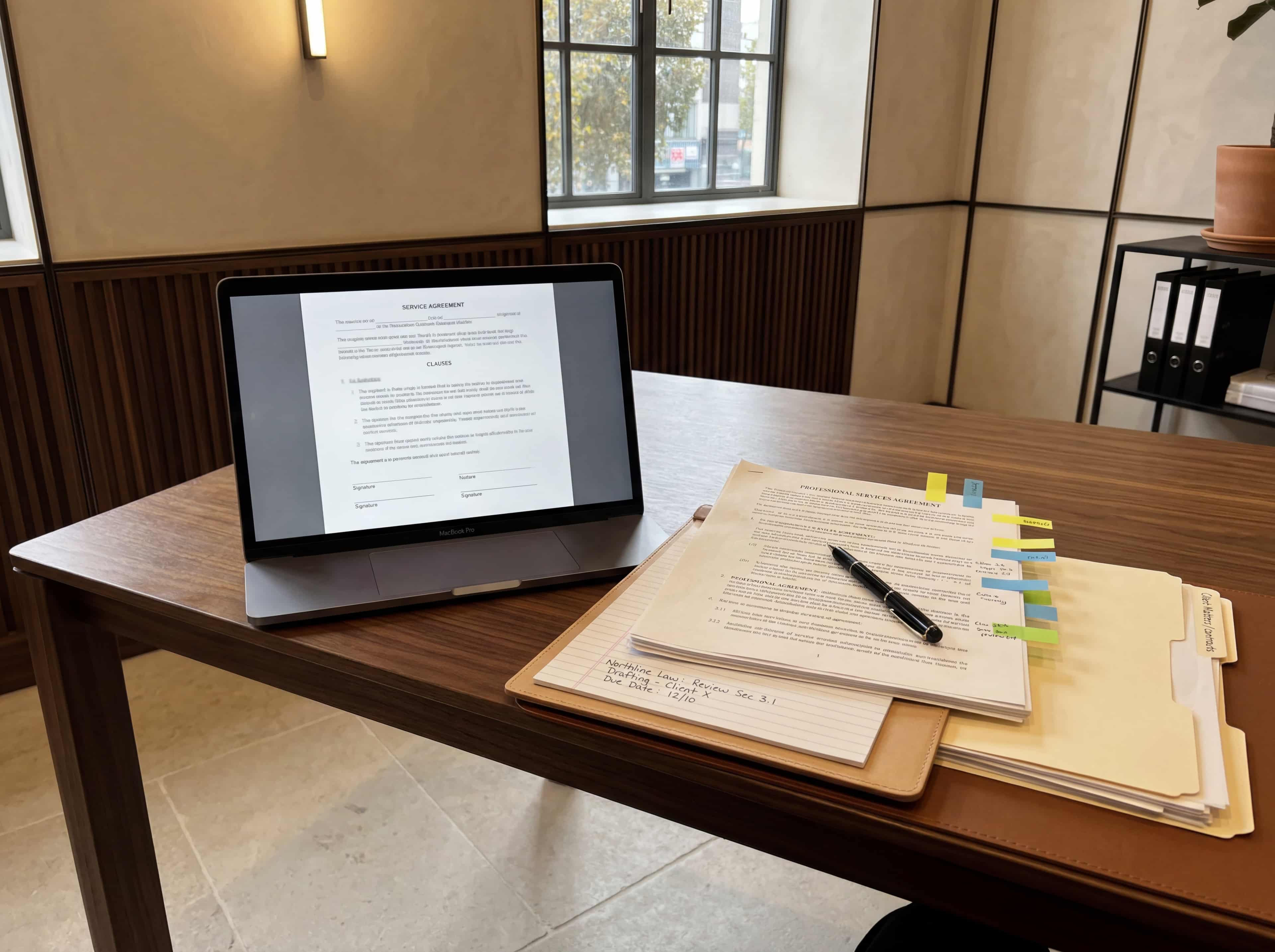 Open laptop beside printed agreements, a pen, cream file folder, and sticky-note flags on a walnut desk