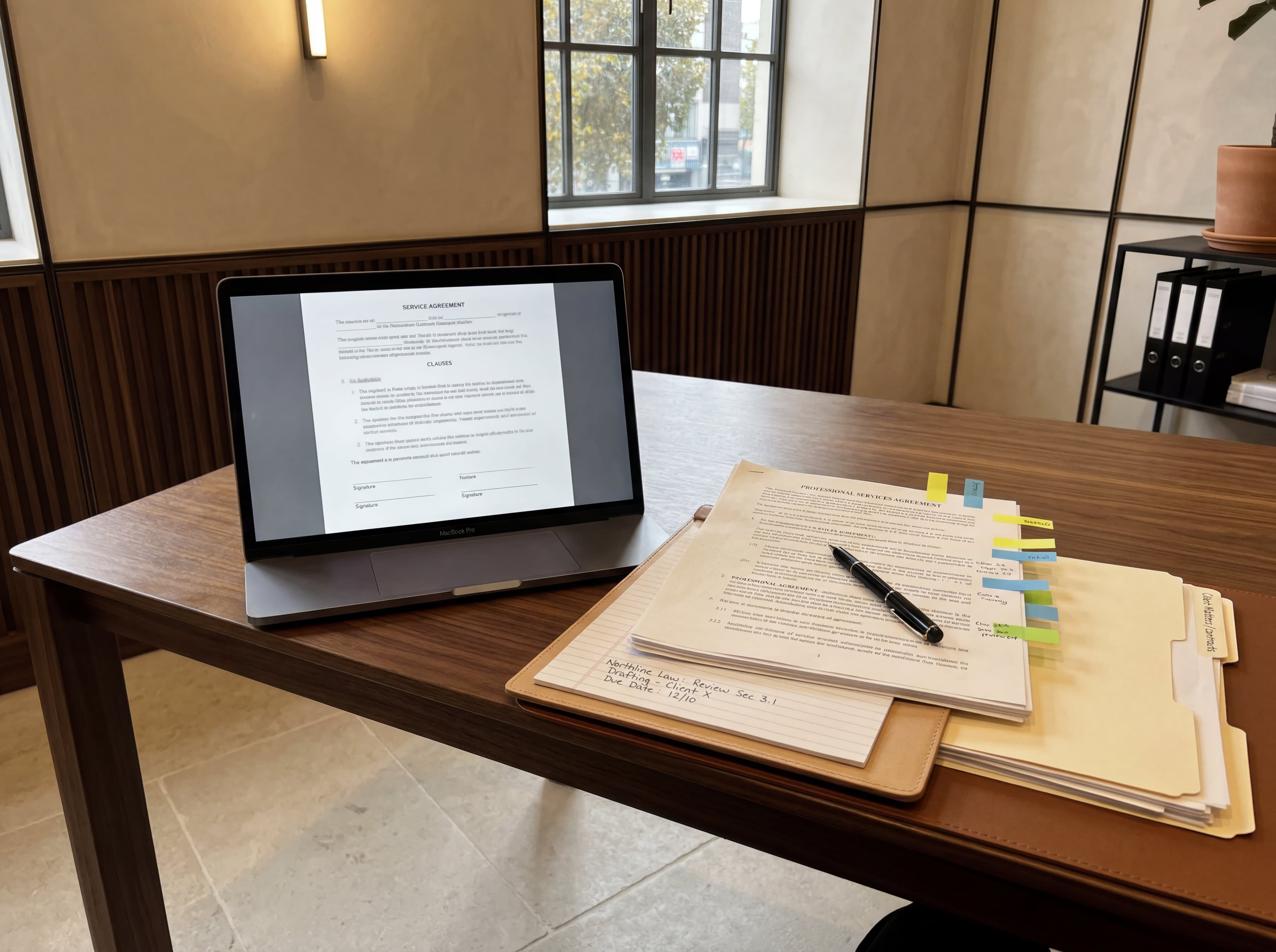 Open laptop beside printed agreements, a pen, cream file folder, and sticky-note flags on a walnut desk