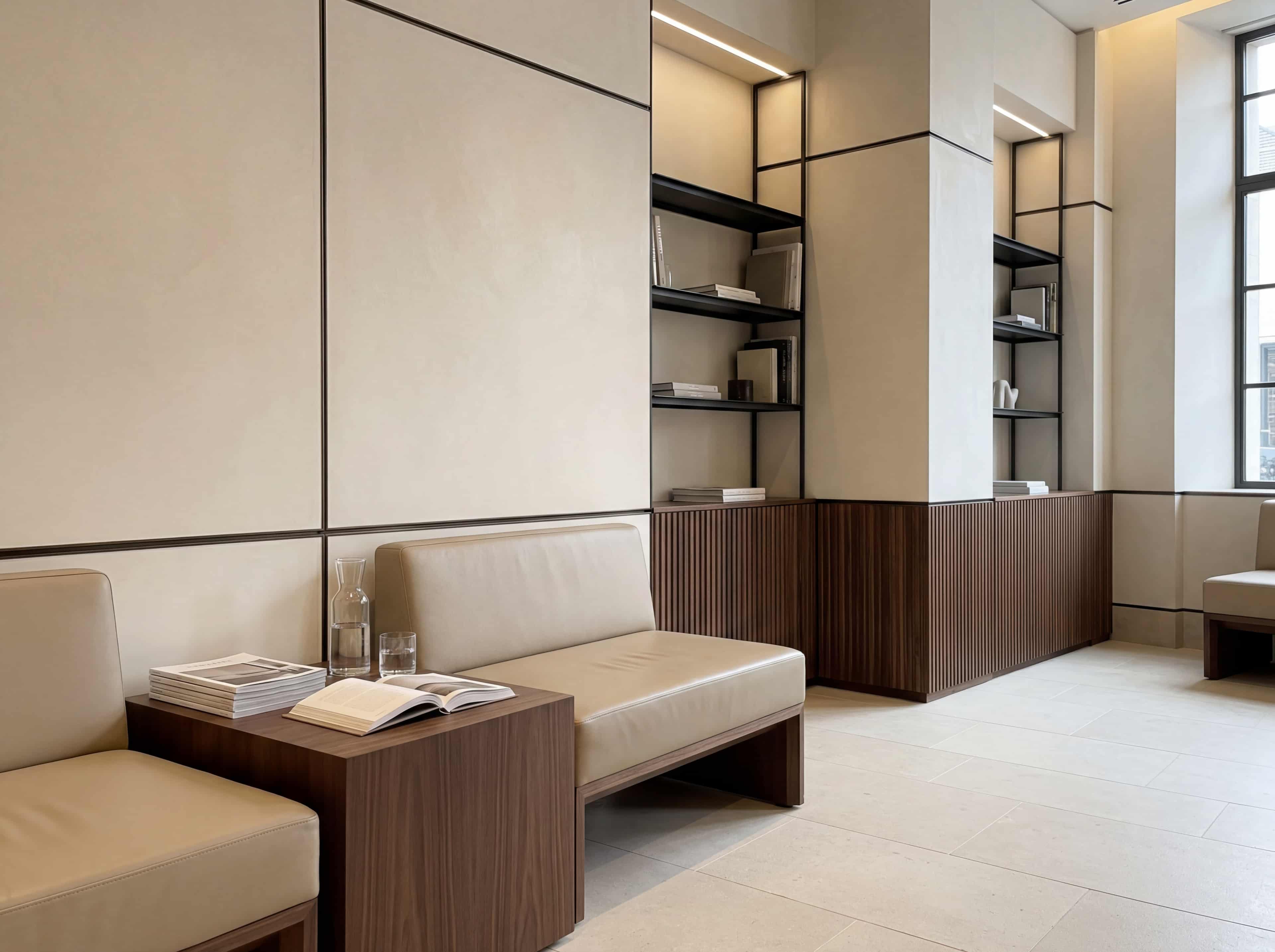 Waiting area with rectangular beige leather seating, a walnut side table, and a glass water carafe