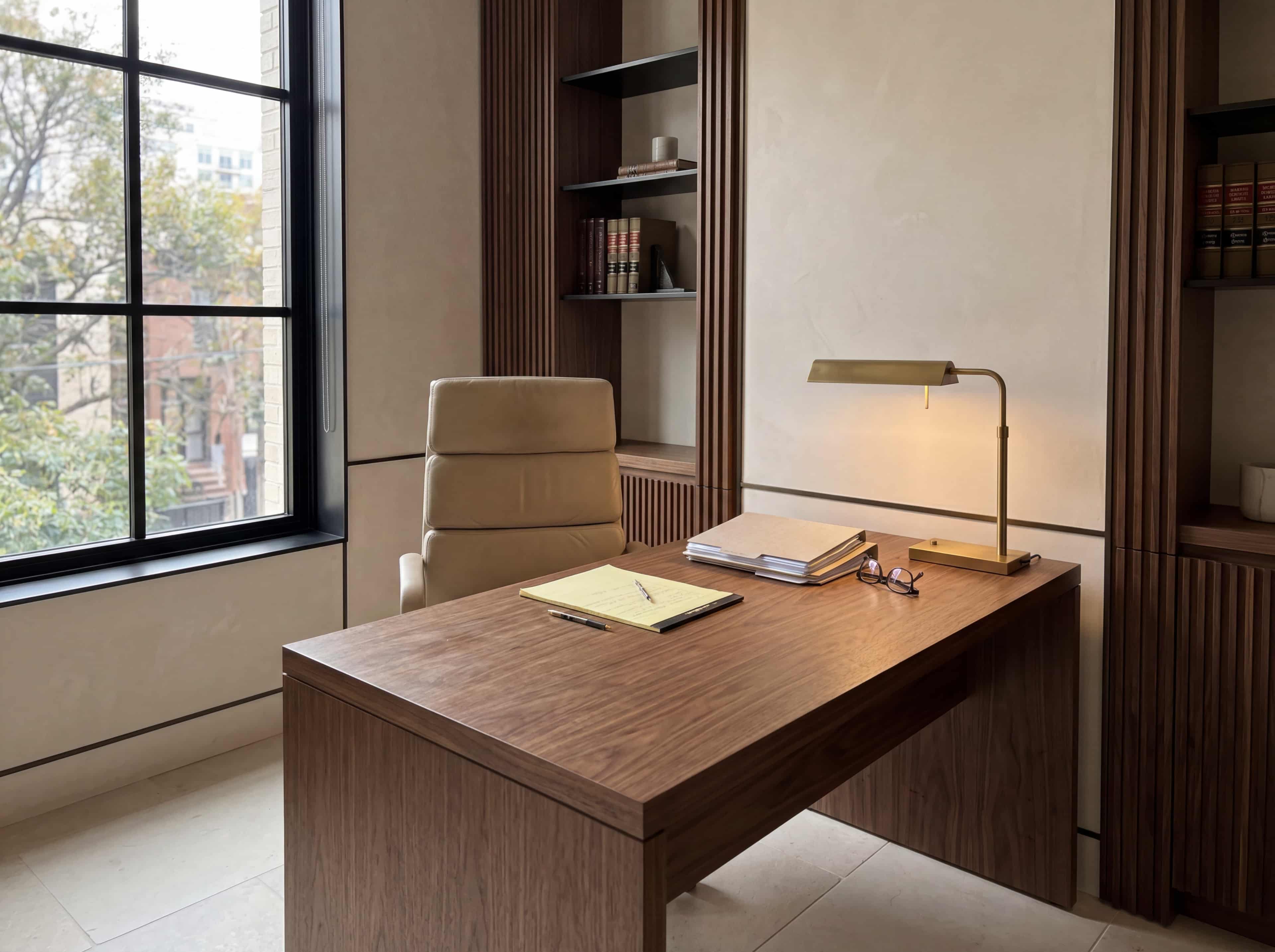 Quiet workspace corner with a walnut desk, beige leather chair, legal pad, stacked papers, and a brass lamp