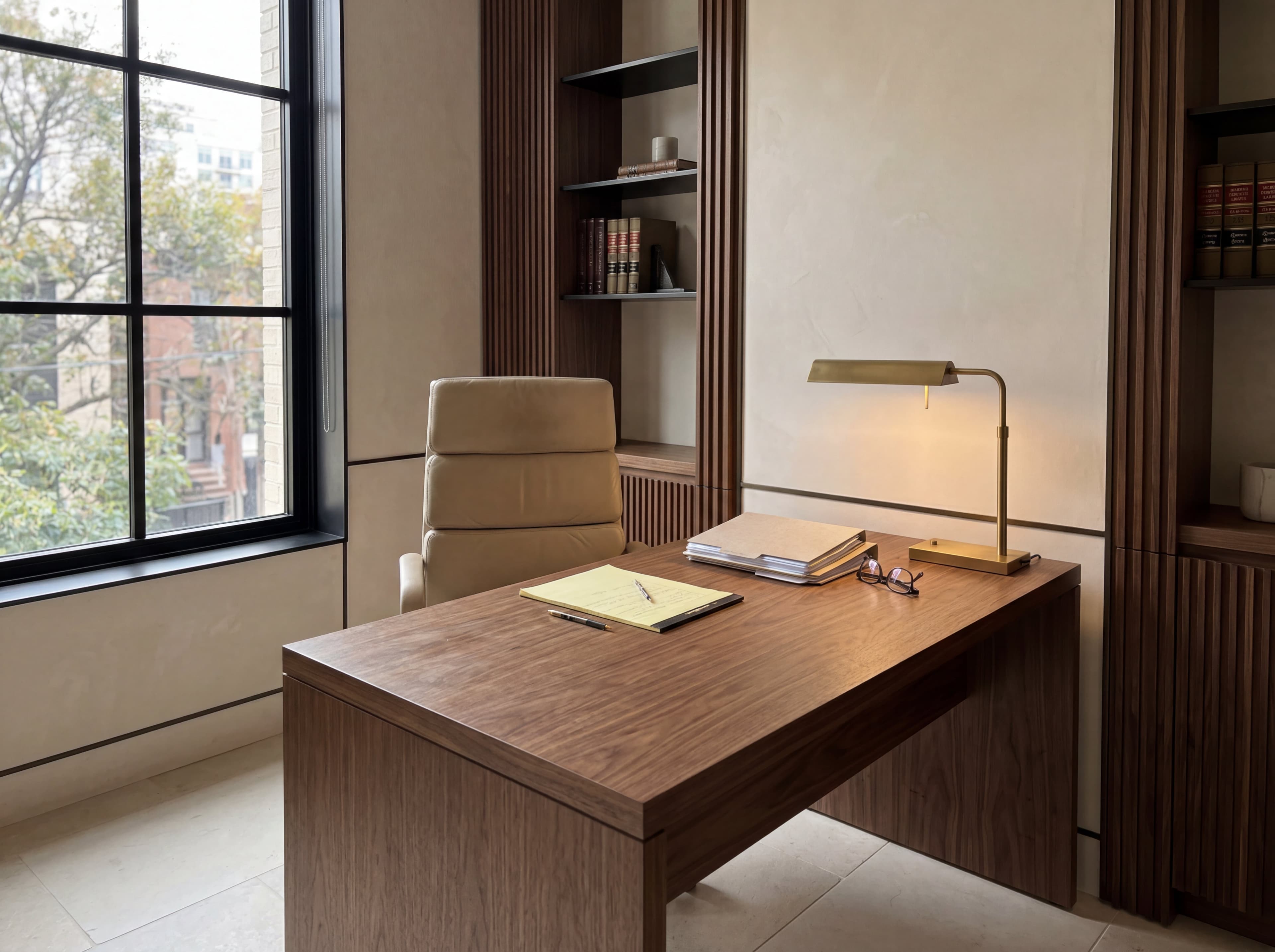 Quiet workspace corner with a walnut desk, beige leather chair, legal pad, stacked papers, and a brass lamp