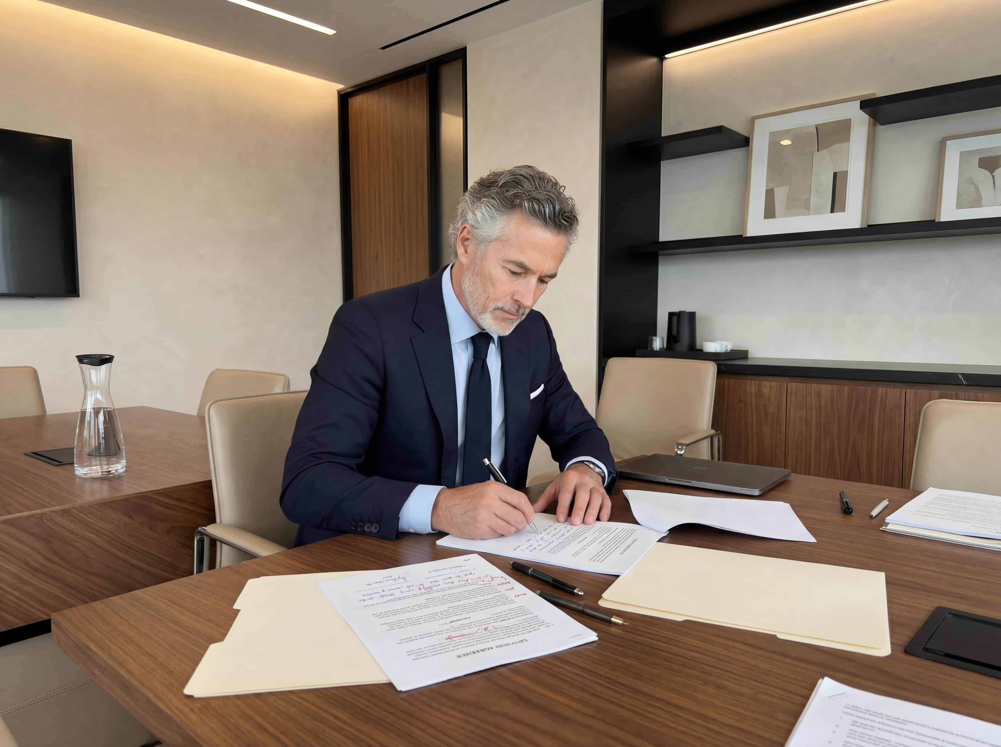 Lawyer at a boardroom table making notes on a printed agreement, focused and composed