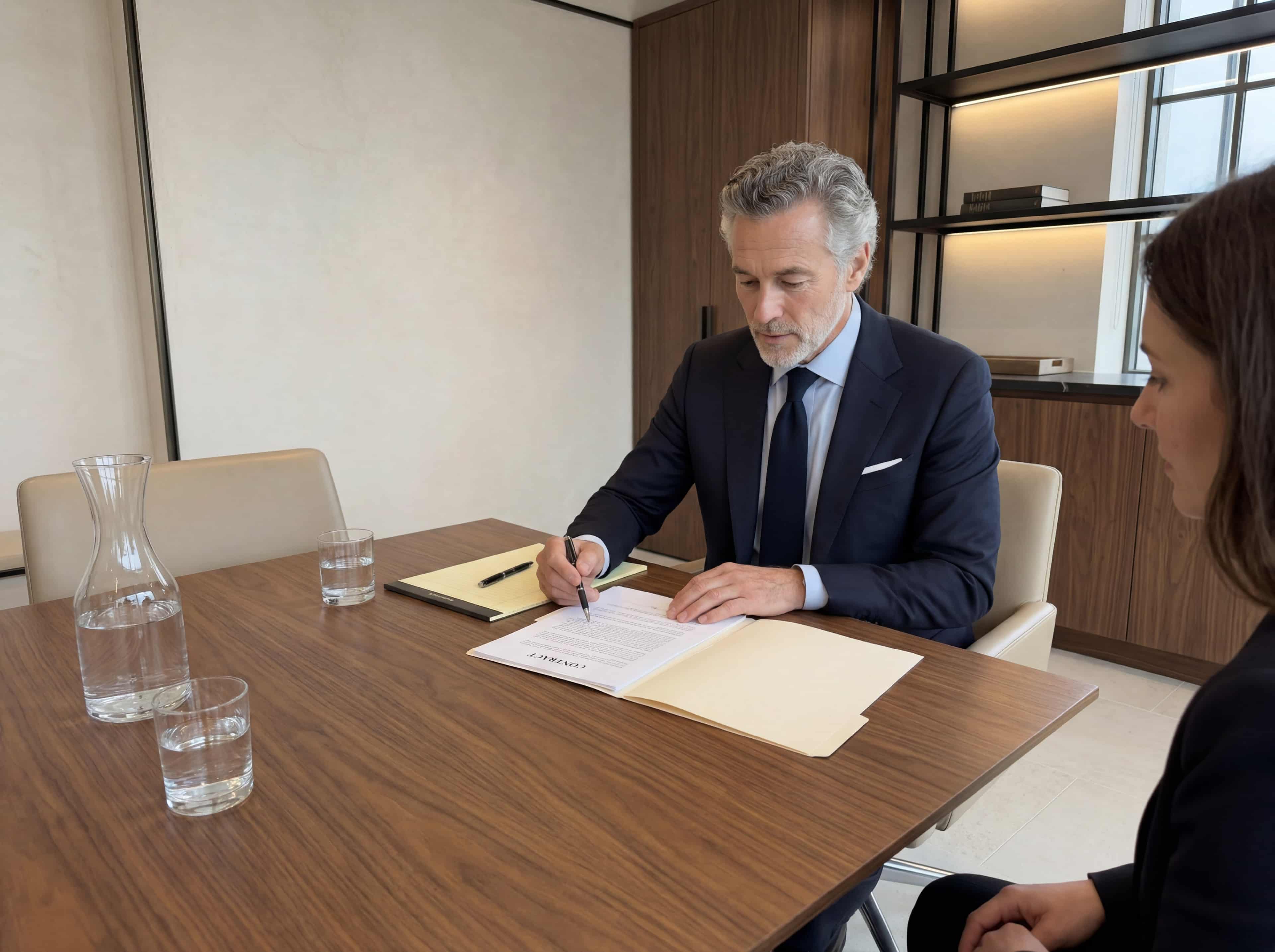 Lawyer across a consultation table explaining a clause to a client with a document and pen