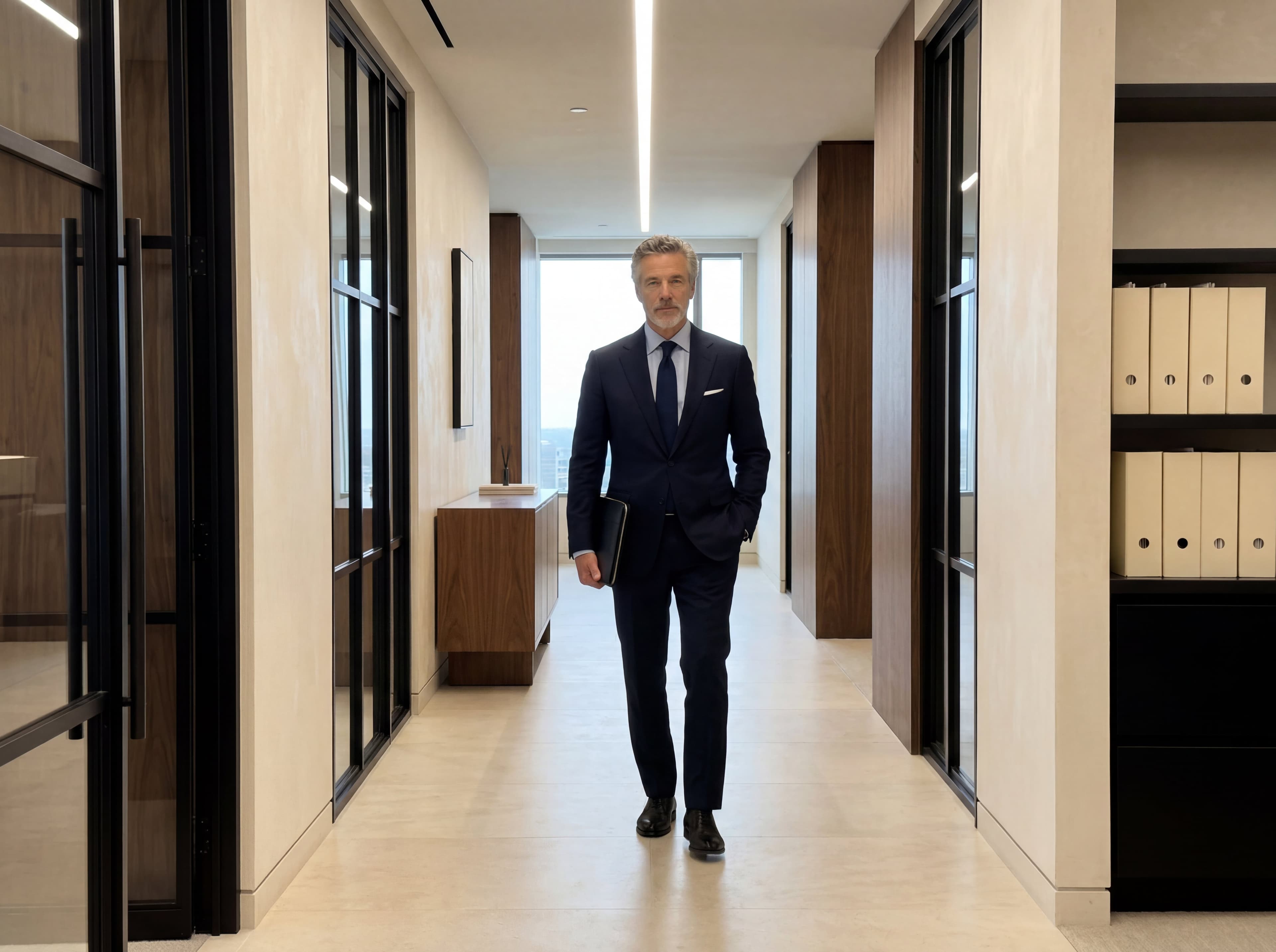 Lawyer walking through an office corridor carrying a slim file