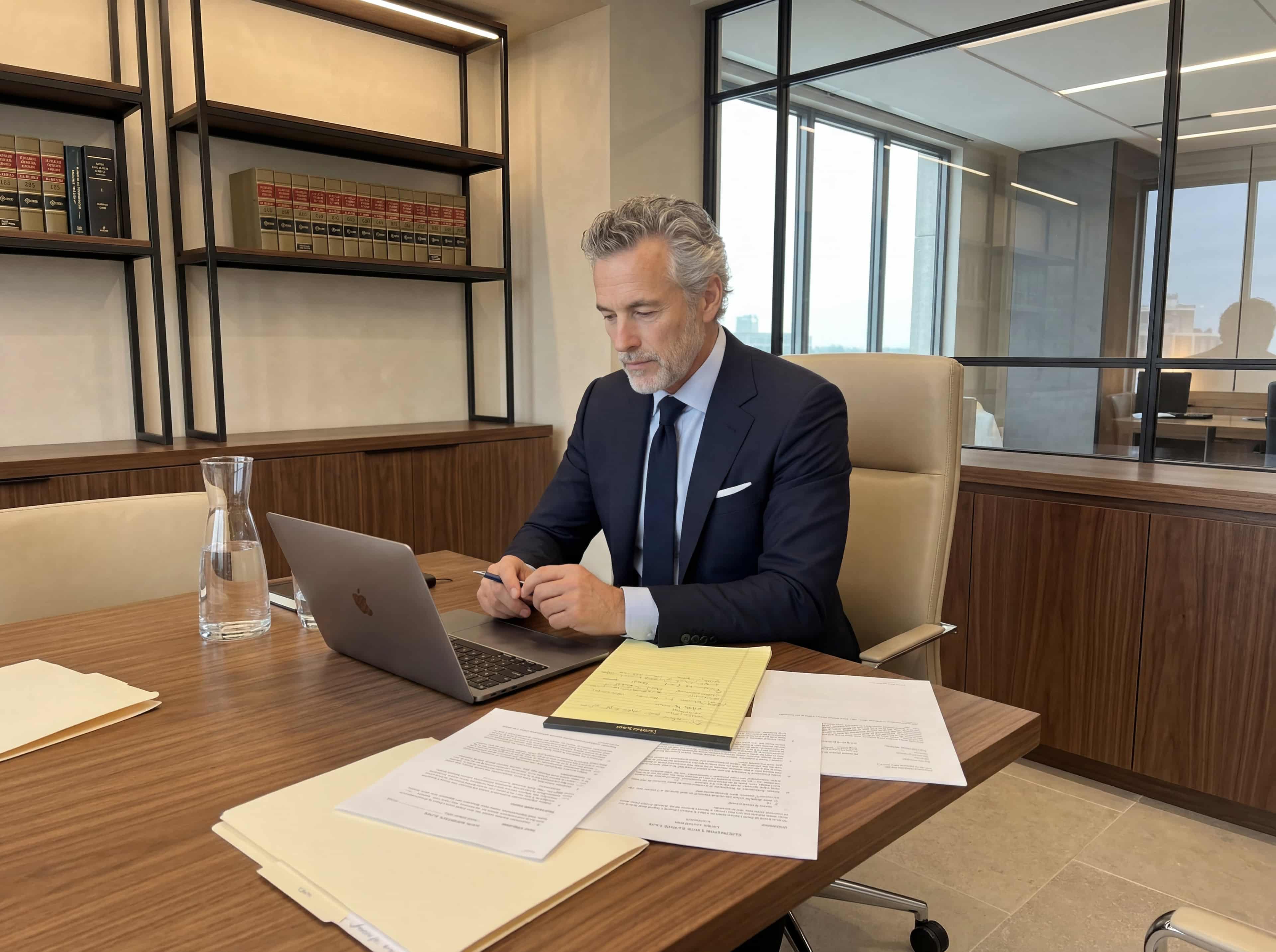 Lawyer at a desk preparing for a meeting with an open laptop, legal pad, and printed documents