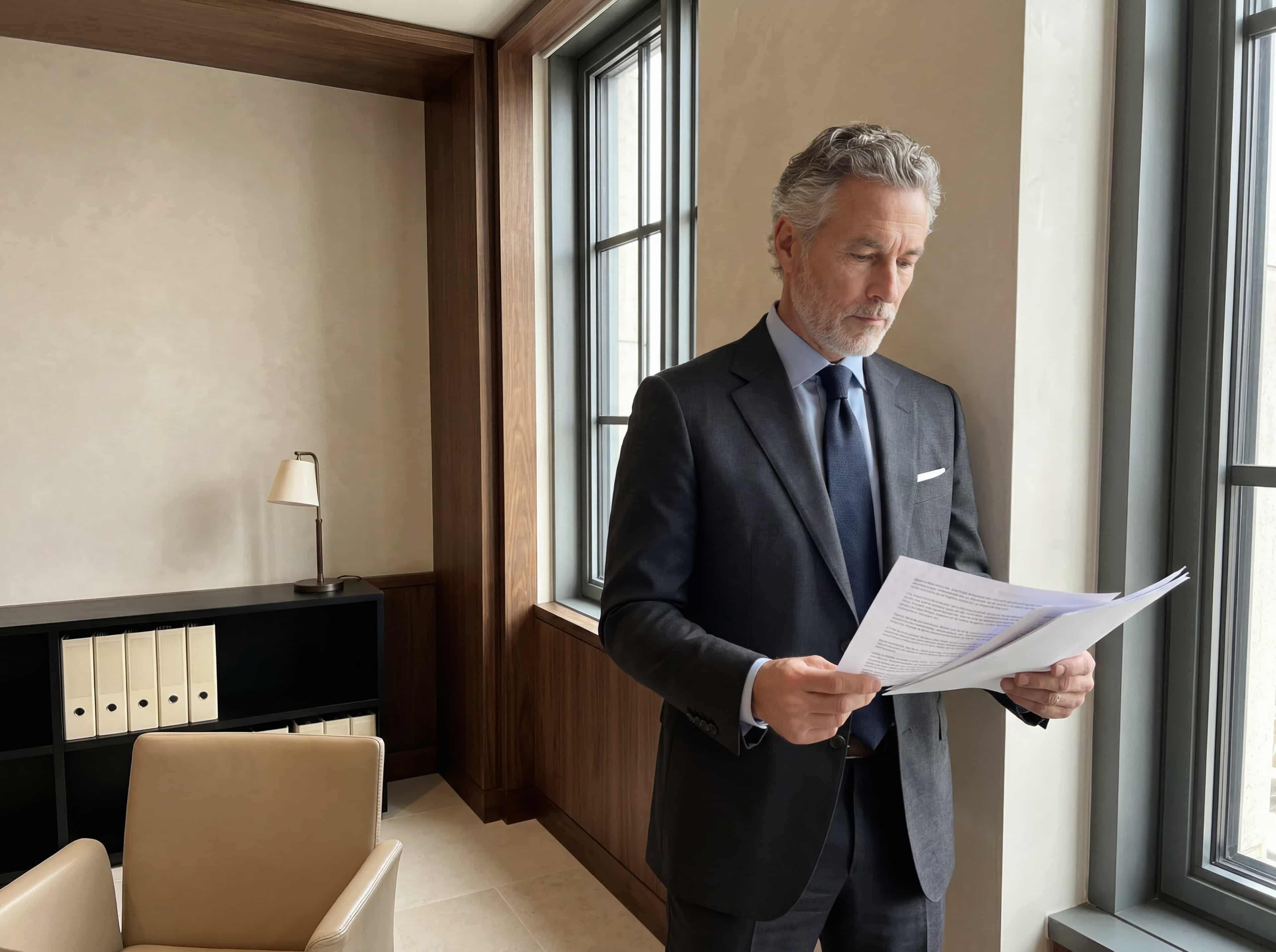 Lawyer standing near a steel-framed window reviewing a few printed pages