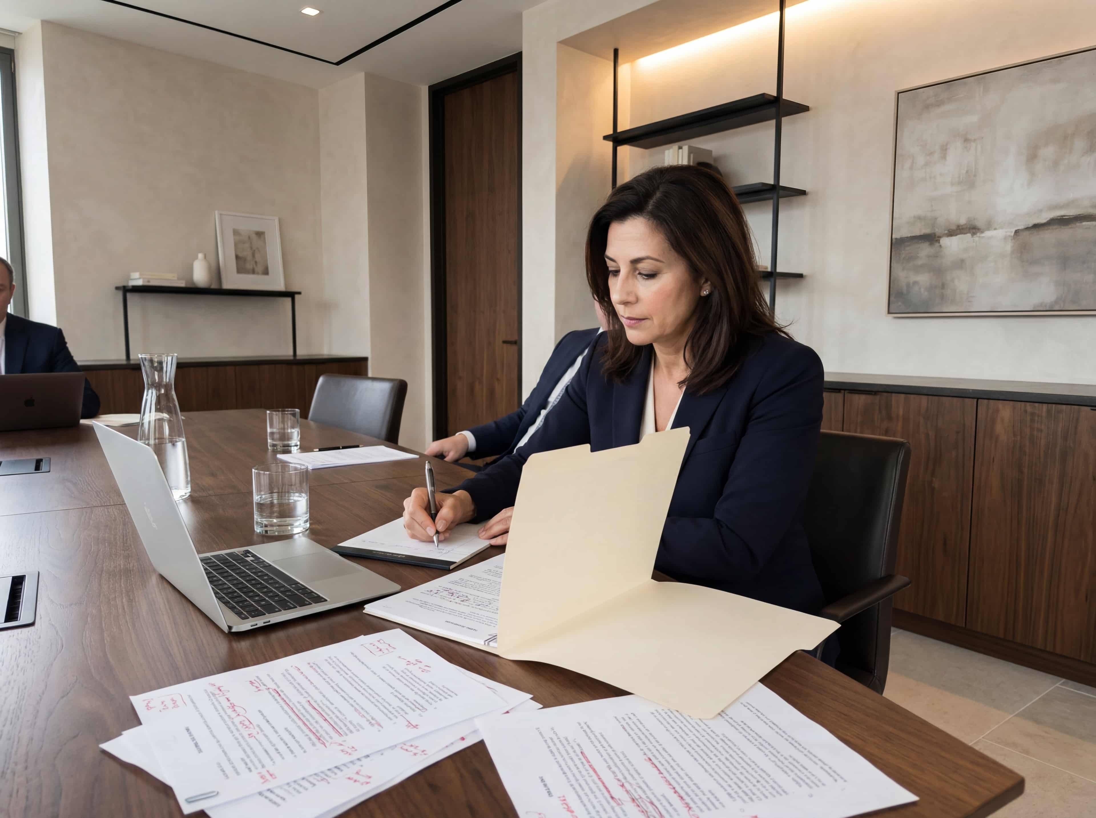 Lawyer seated at a conference table taking notes beside an open file folder and laptop