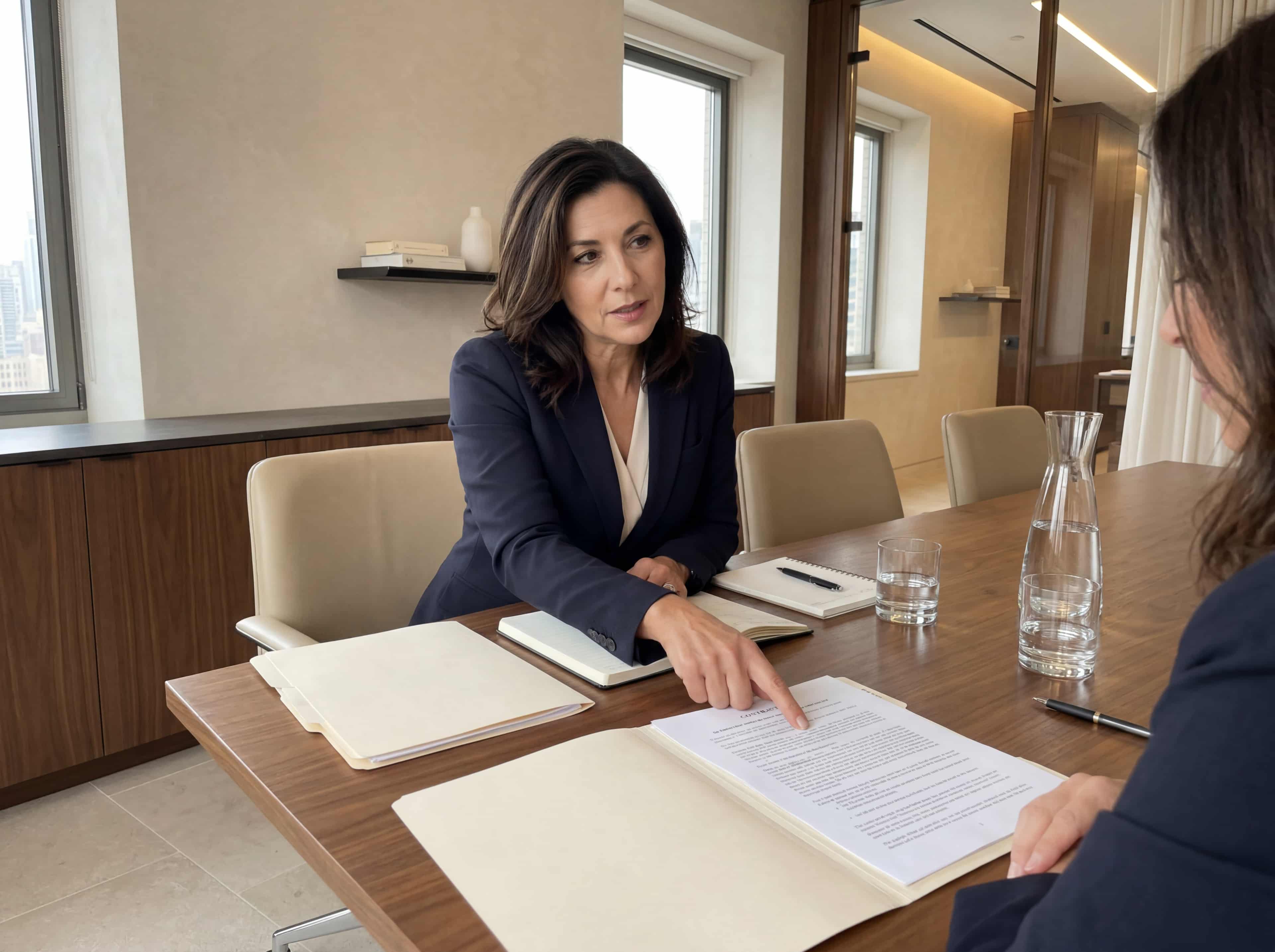 Lawyer in a one-on-one client consultation, pointing to a clause in a printed contract at a meeting table