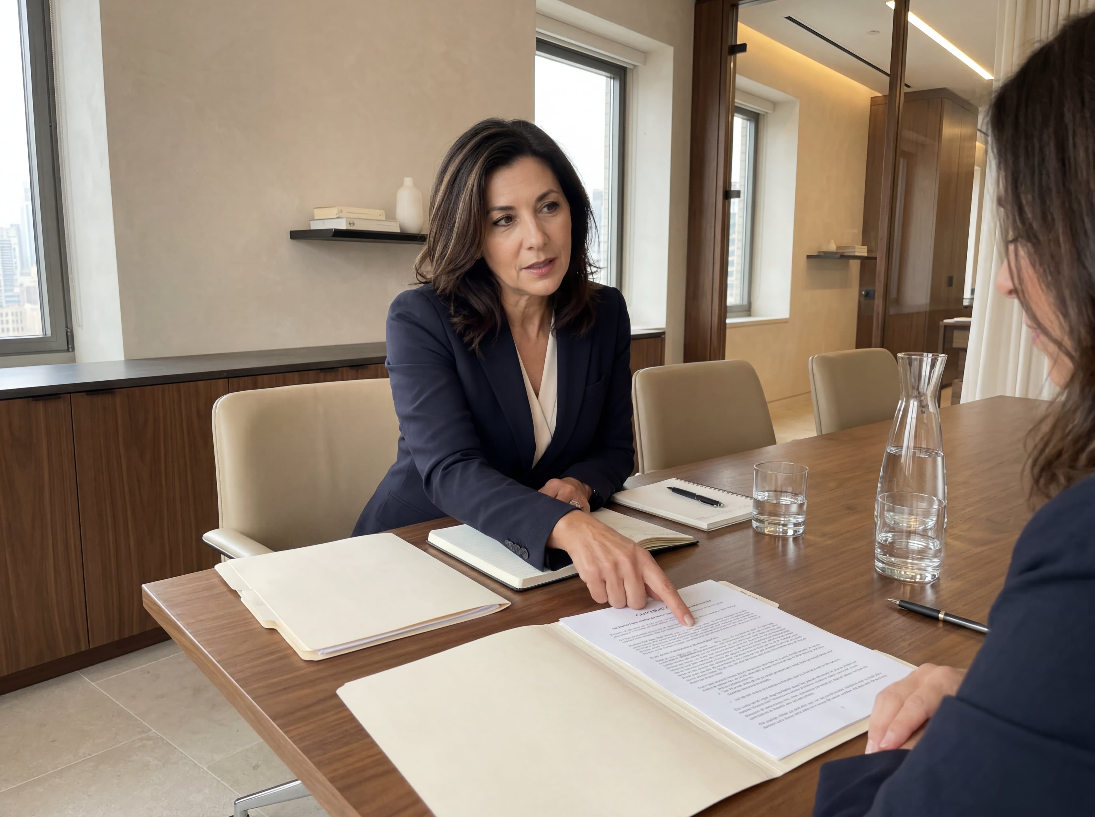 Lawyer in a one-on-one client consultation, pointing to a clause in a printed contract at a meeting table