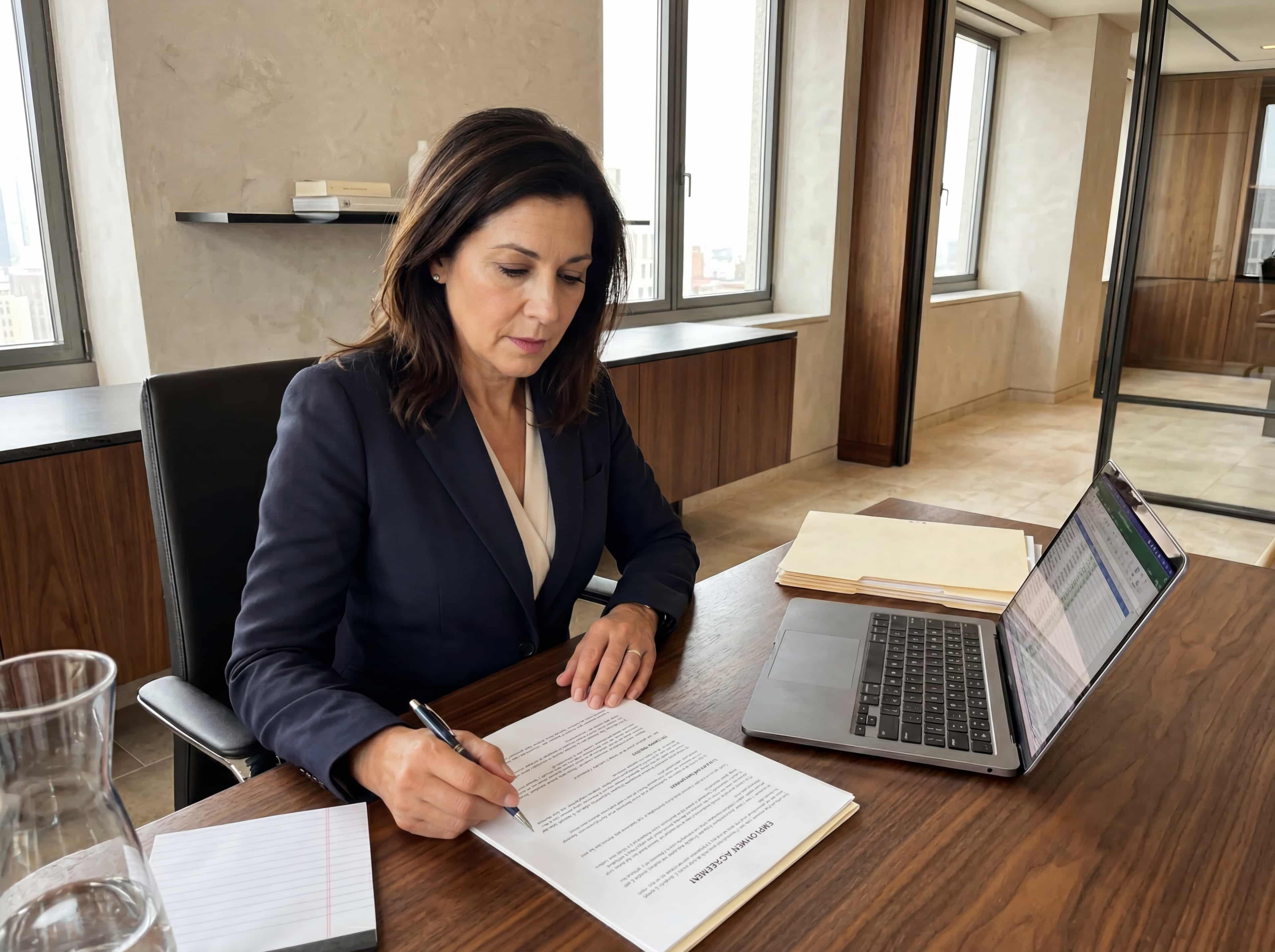 Lawyer at a walnut desk reviewing a printed employment agreement with a pen and open laptop