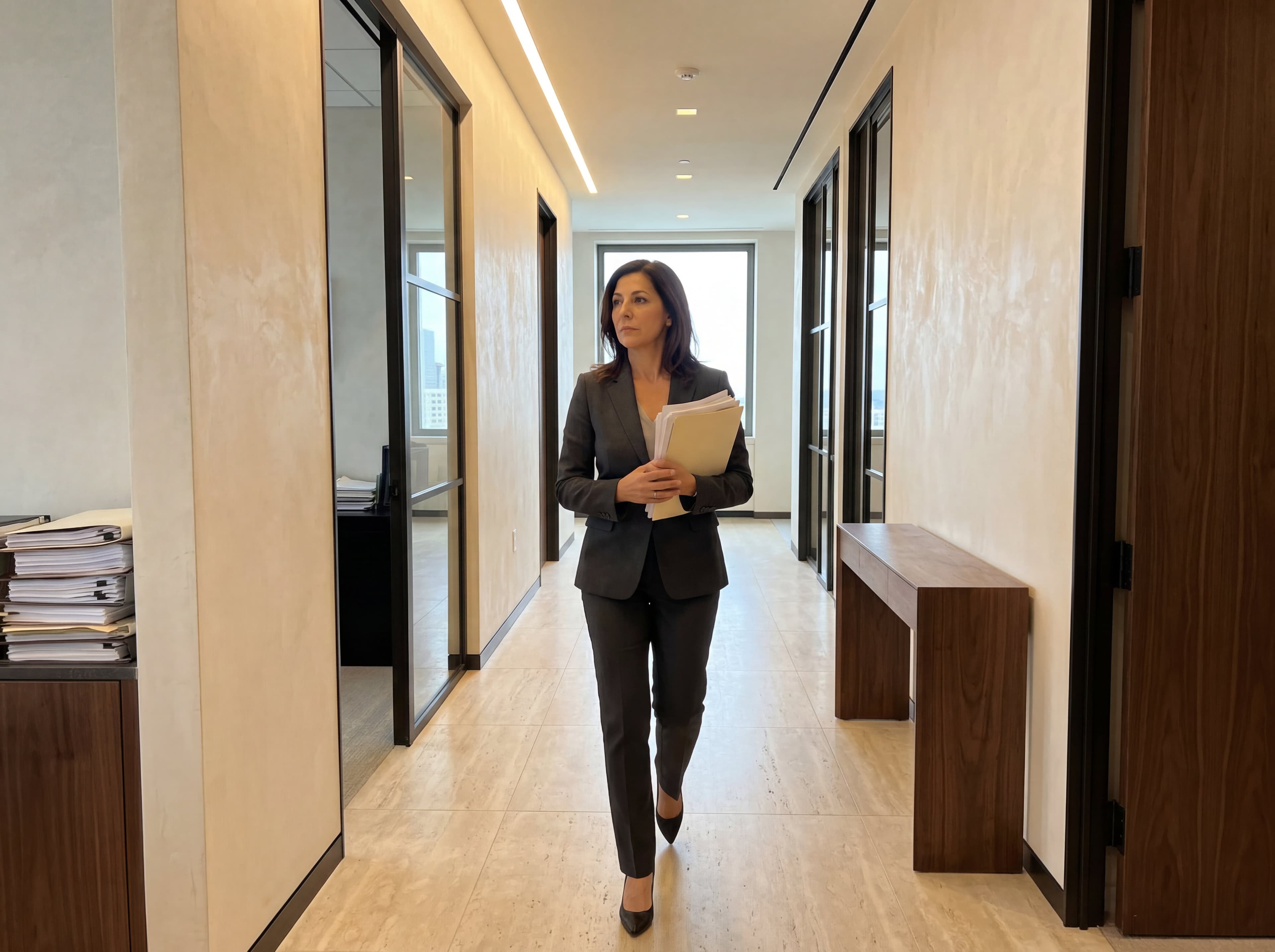 Lawyer walking through an office corridor carrying papers and a slim folder