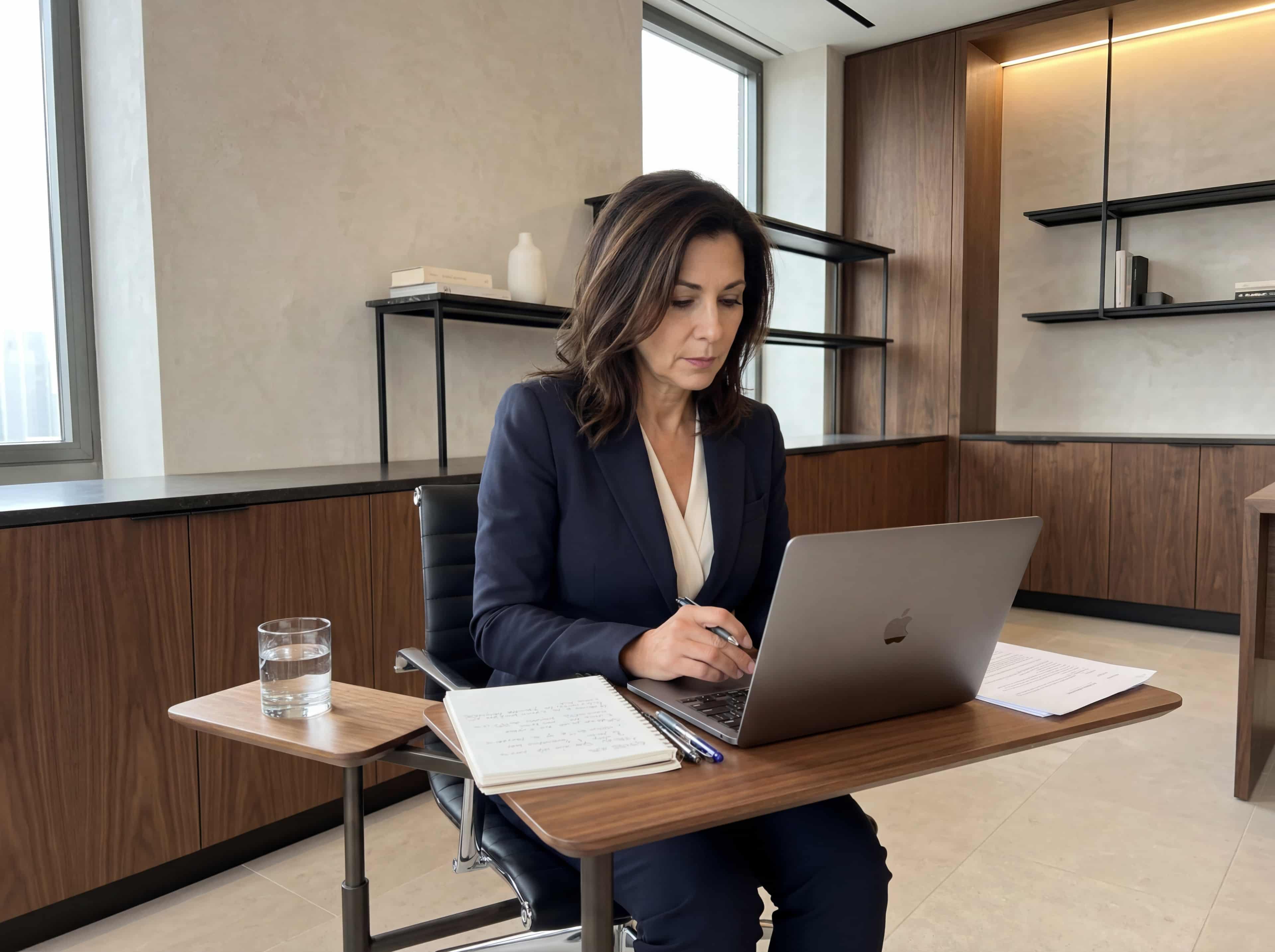 Lawyer seated at a side desk drafting a memo on an open laptop with printed notes